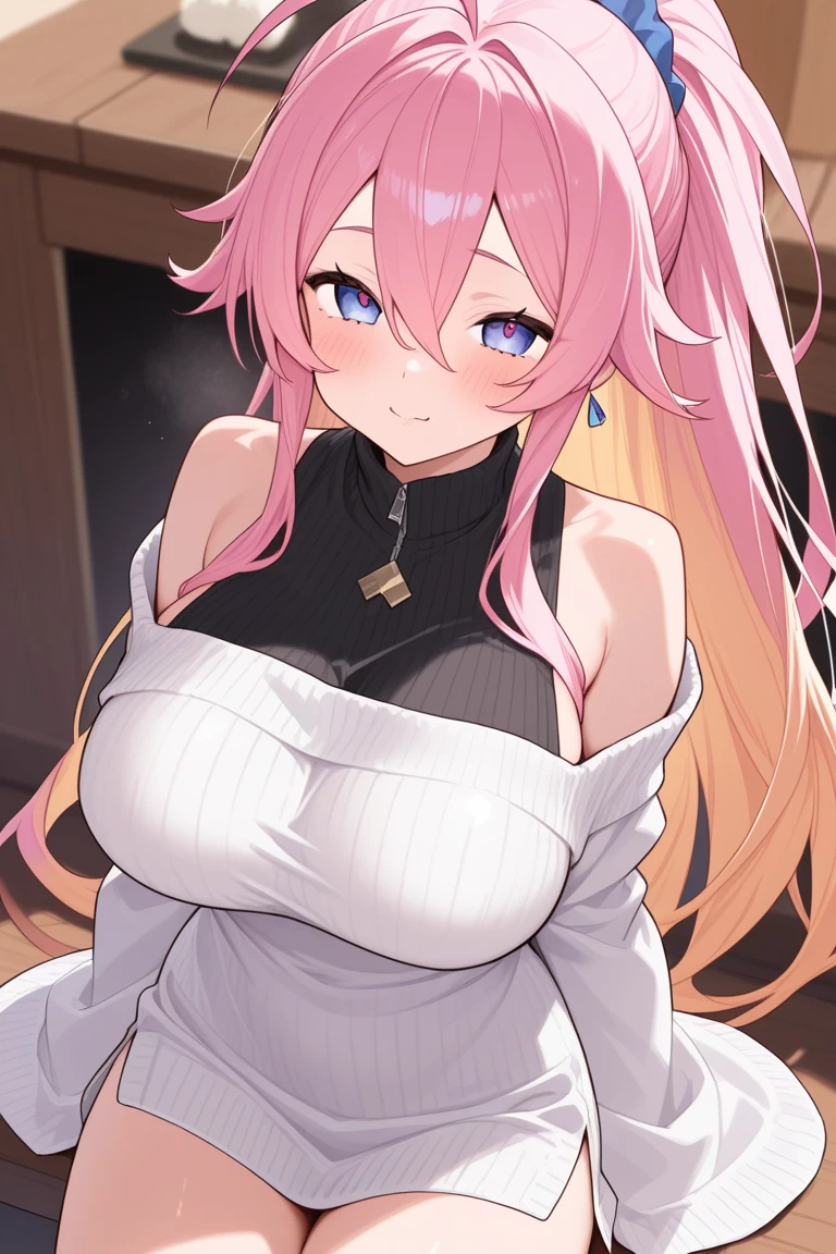 nsfw, 1 girl, game CG, topless white clothes, cleavage visible, shoulders visible, white short skirt, small white beret, gigantic breasts, pink hair, long hair, straight hair, princess hairstyle, ahoge, pink eyes, pov, 1 boy, paizuri, fellatio, breast squeeze, penis, smile, stick out tongue,