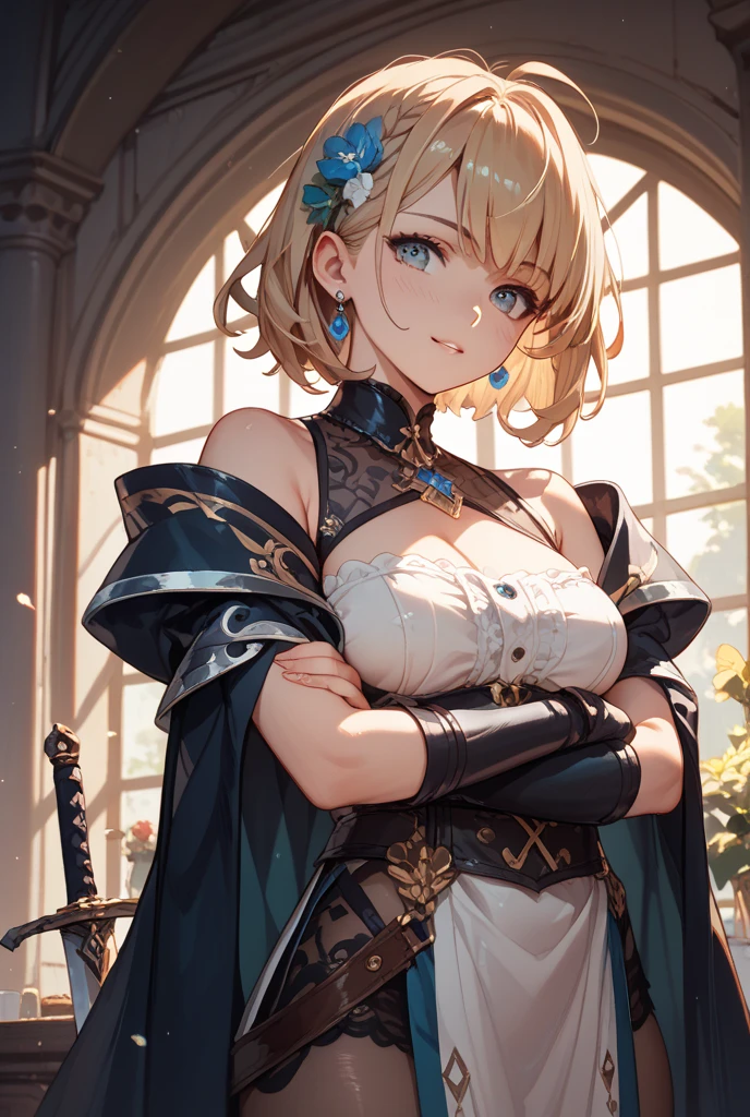 A woman elf with fair skin and short blonde hair. She have green eyes and wear the clothes of a medieval noblewoman. Color black.