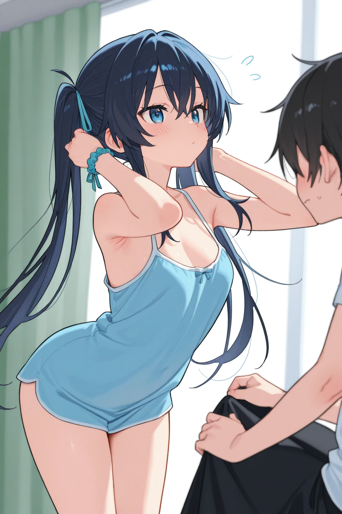 Duo, score_9,score_8_up,score_7_up, source_cartoon, source_anime, 2 people, and a tall thick lightskin woman with long dark blue hair and brown eyes wearing a blue one piece swimsuit, a big black man with big penis, woman pushed against the wall, woman's breasts is pressed against the wall, woman having standing sex with man from behind, woman's back is arched, man is pulling on womans hair, woman is stcking out tongue, nsfw