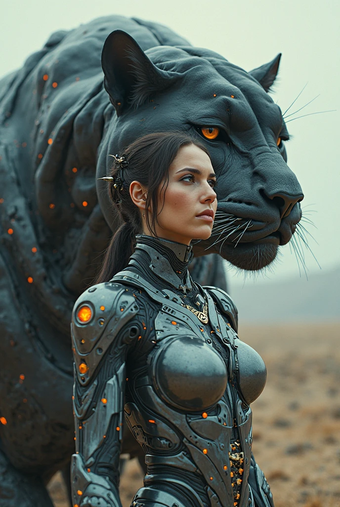 viking black panther robot mask, with long hair and a ponytail , with gold details