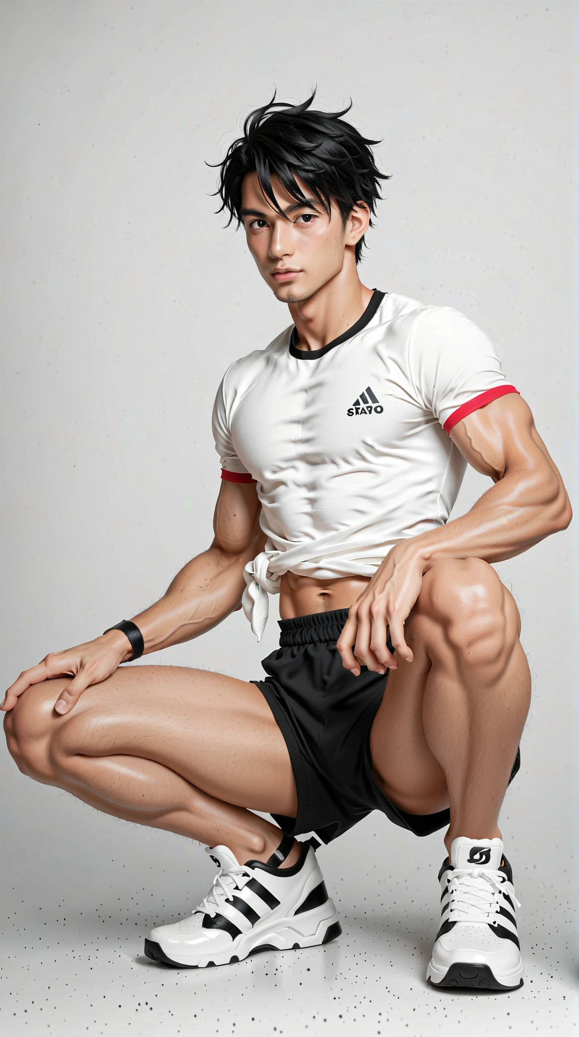 a picture, a handsome, 8k full body portrait of a man, Move ki, disheveled long hair, musculature, Detailed muscular physique, a picture, (masterpiece, top-quality, top-quality, Official art), Photorealistic depiction,20yr old, Make a high side kick, Toned waist, long limbs, bare-legged, White Karate Uniform, White karate pants, Accurate depiction of details, Perfect skeleton, Look straight at your audience, sharp gaze