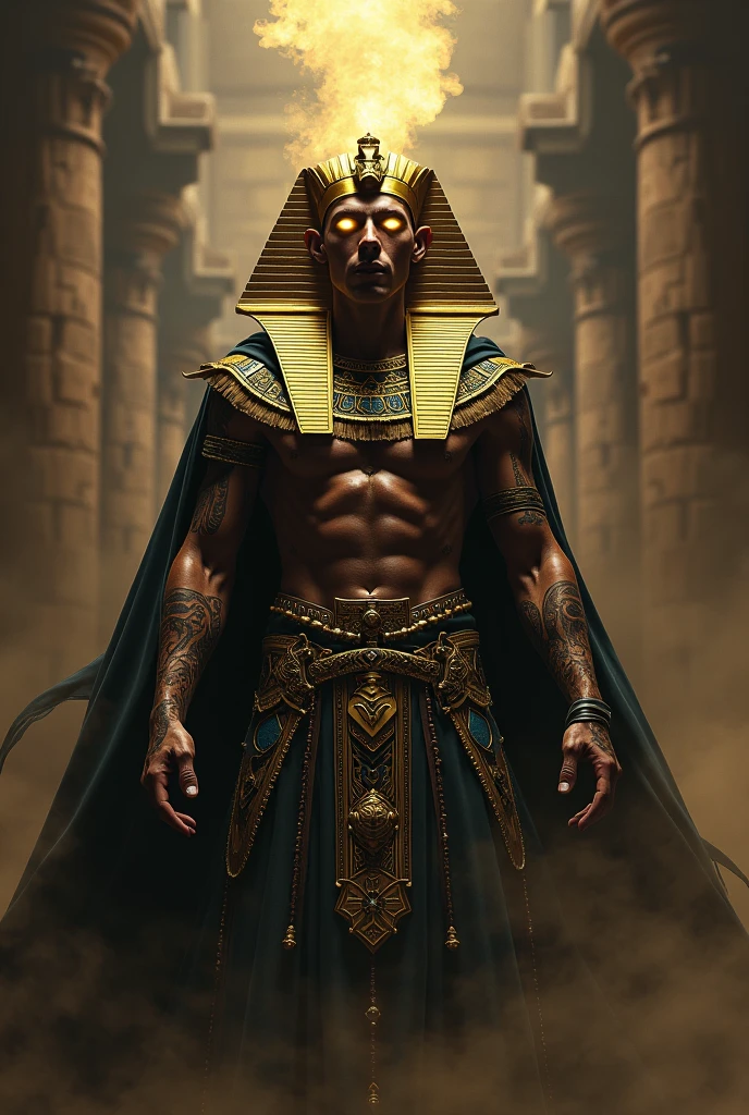 a realistic pharaoh, atmosfera sombria e tensa, with a serious expression, full of power and arrogance