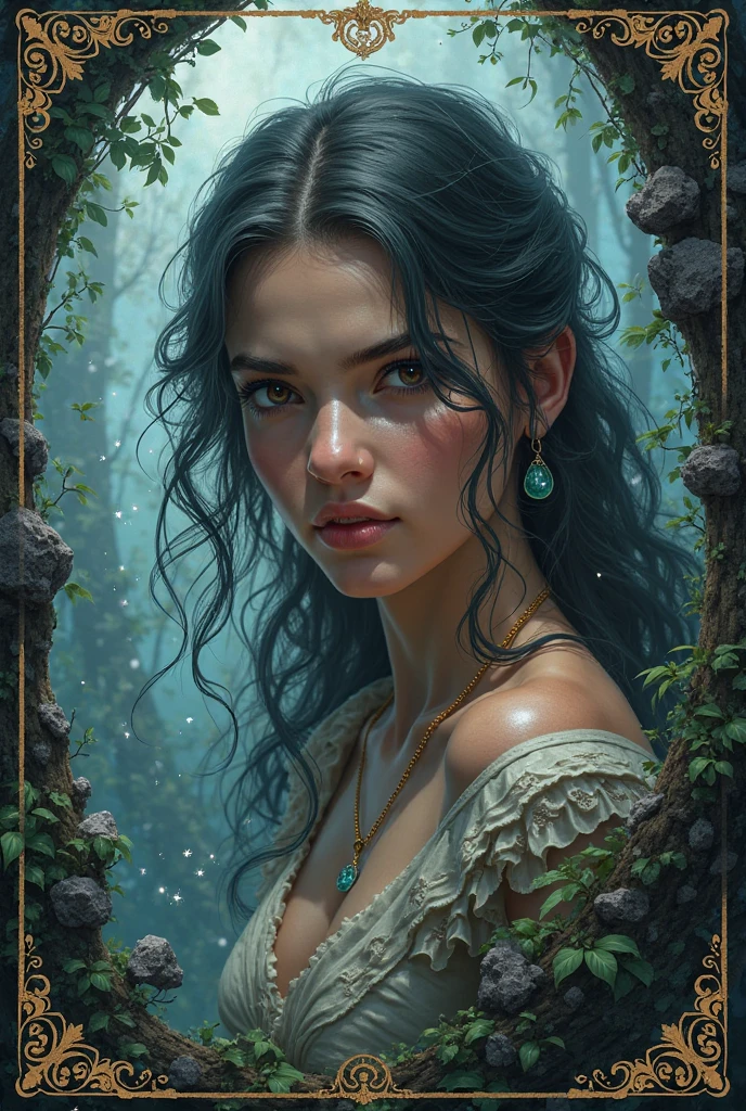 by Jeremy Mann, photorealistic, (((male))), (colorful), Post-Production, Intricate, (radiosity), blue eyes, (highest quality), a hyperrealistic colossal cyan raintree, gloomy, enjoyment, a wreath on his head, a closeup portrait of a playful maid, fireflies,