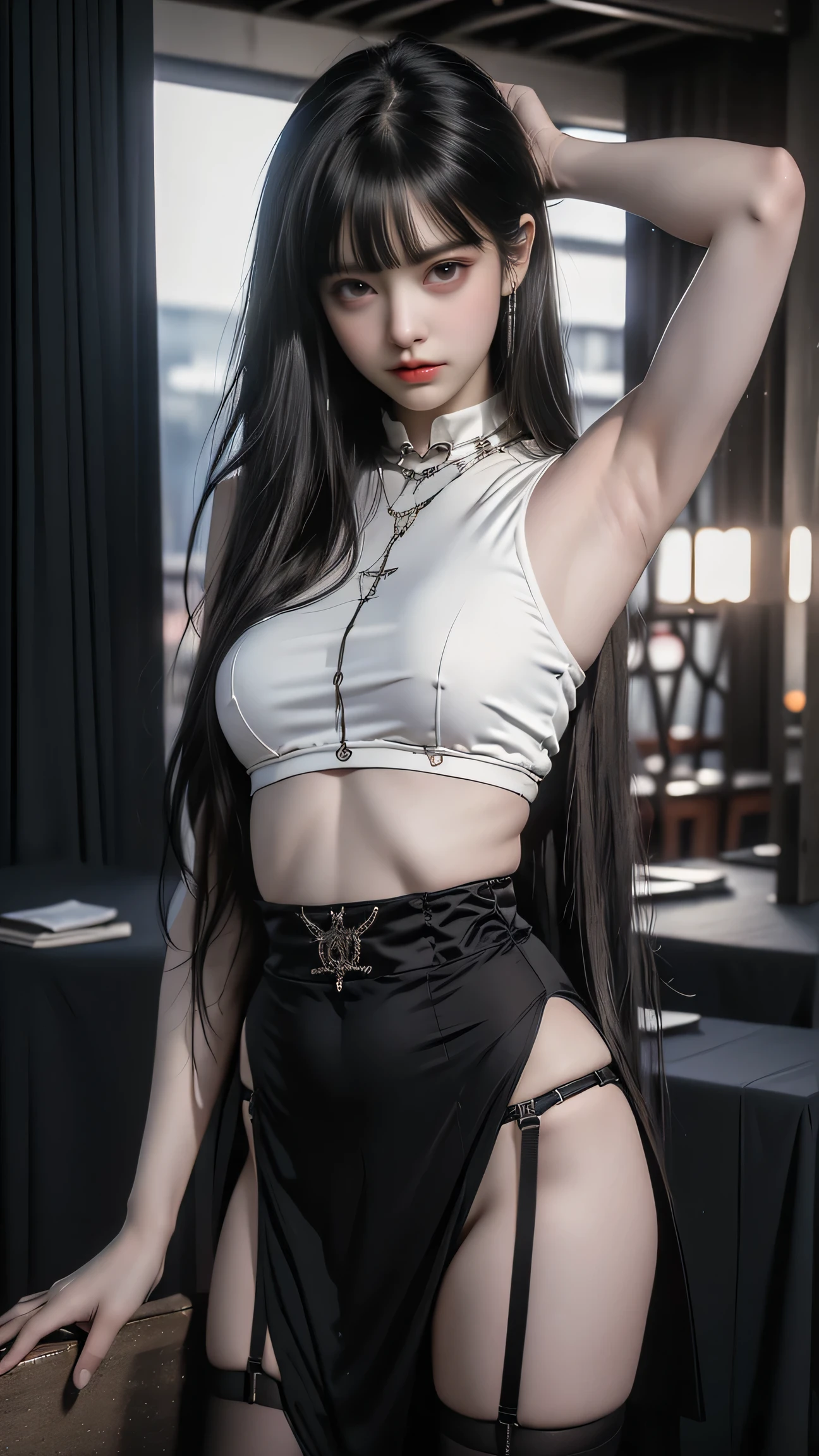 Angry Face, BDSM,slave,Rubber,Black Corset,Bondage,Collar,NSFW,((Best Quality, 8k, Masterpiece:1.3))), Crisp Focus: 1.2、(Layer Cut, Big:1.2),Beautiful girl with Perfect Figure: 1.4、Slender Abs:1.2、Wet Body:1.5、Highly Detailed Face and Skin Texture、Detailed Eyes、single Eyelids,Long Hair, Korean beautiful girl, very skinny, very small breasts,glareing,Punishment room、Various torture tools available,Torture devices,A beautiful girl playing the role of a queen,Queen with a whip,another beautiful slave girl tied up in back ground,