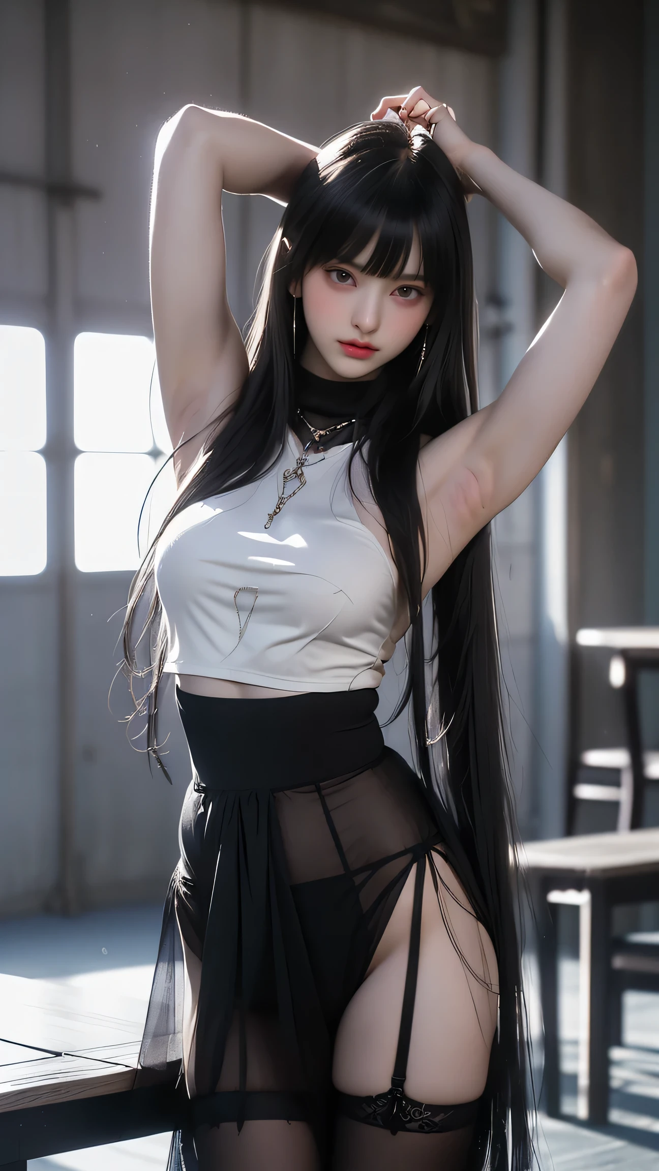 8k,masterpiece, basic quality,big deal, (1 girl), Tifa Lockhart, Red_Eye, black hair, long hair, professional lighting, (shiny skin: 1.2), shiny big deal, ((best quality)), sharp focus: 1.2, Highly detailed facial and skin textures, detailed Eye, perfect face, Perfect body, blur art, CG, background, big breasts, present (20 years, Mature and cool face), wear ((Black dress with slips), black elbow gloves, White tight shirt, thigh, white vest), blush, (mittgal), Random pose, top view,(巨big deal乳房:1.2),wet skin