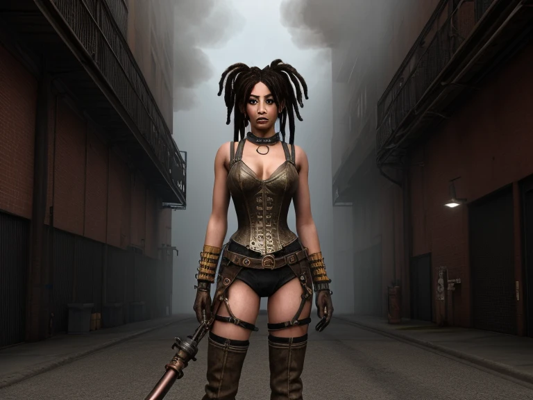 Masterpiece, highest quality, details, black woman, African female, hunter, brown skin, warrior, modern, full body, sensual eyes, gun in hand, city building, realistic, game avatar, sexy pose, brown leather clothes, silver bullet necklace, crucifix earrings, long braided hair, grandes, vampire hunter