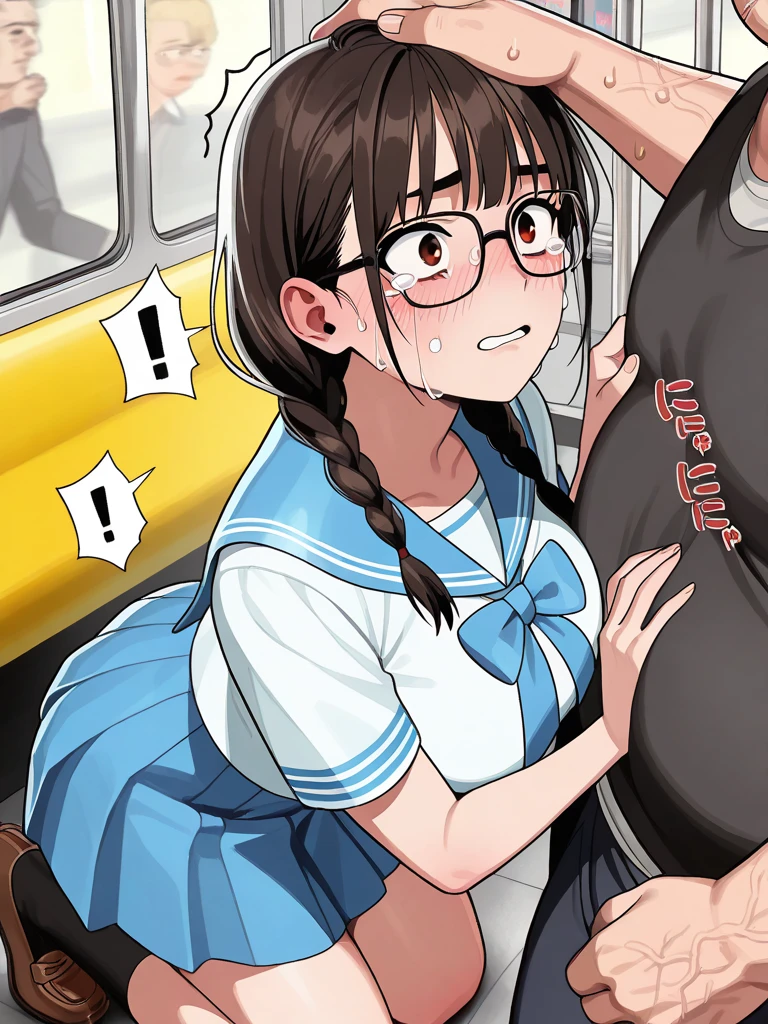 masterpiece, Highest quality, Nico_Yazawa,High resolution, 1 Girl, alone, Brown Hair, short hair, Twin tails、Purple eyes, , , (Cleavage)、(Beautiful thighs), Carrying a red backpack, (randoseru backpack:1.2) Sweaty、Thick thighs、Highest quality、4K、1girl, 8years old, loli, cute, grin, 、School Swimsuit、on the train、Many passersby are surrounding the girl.、、Thick thighs、Ahegao、Men holding their penises and surrounding girls、Semen from the penis、Bukkake、Bukkake、(Bukkake)projectile cum、Blowjob