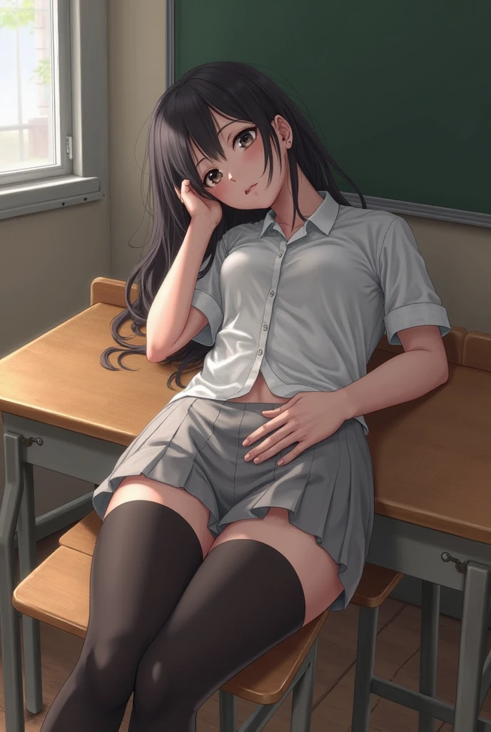 NSFW　Tohsaka Rin, Aqua Eye, (Black Hair:1.5), hair ribbon, Long Hair, ribbon, Side Lock, Both sides up, (Parted bangs:1.5), break (brown Sweater vest:1.2), collared shirt, Homurahara Academy uniform, neck ribbon, red ribbon, ribbon, , shirt, Sweater vest, white shirt, break indoors, classroom, break looking at viewer, (Cowboy Shot:1.5) break (masterpiece:1.2), Highest quality, High resolution, unity 8k wallpaper, (figure:0.8), (Beautiful attention to detail:1.6), Highly detailed face, Perfect lighting, Highly detailed CG, (Perfect hands, Perfect Anatomy),　Sit on a chair　Cute white panties　Spread your legs　Spread your legs