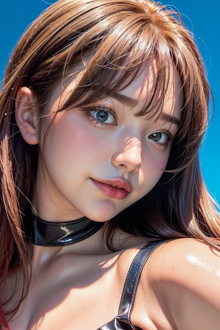 masterpiece, Highest quality, Very detailed, To the camera, 複雑に詳細なVery detailedな, Realistic, Sharp features, Very detailed, Sharp focus, Perfect Face, Perfect Face, Perfect symmetry and perfect eyes, Perfect Plump Lips, Flexible female form, Cinematic, Film Light, Very detailedな, hyper Realistic, masterpiece, atmosphere, High resolution, Vibrant, Dynamic Studio Lighting, ((Dark Background)), The facial expression when feeling happy, Straight bangs, blue eyes,White tank top, Mid-shot photo, Big Breasts,