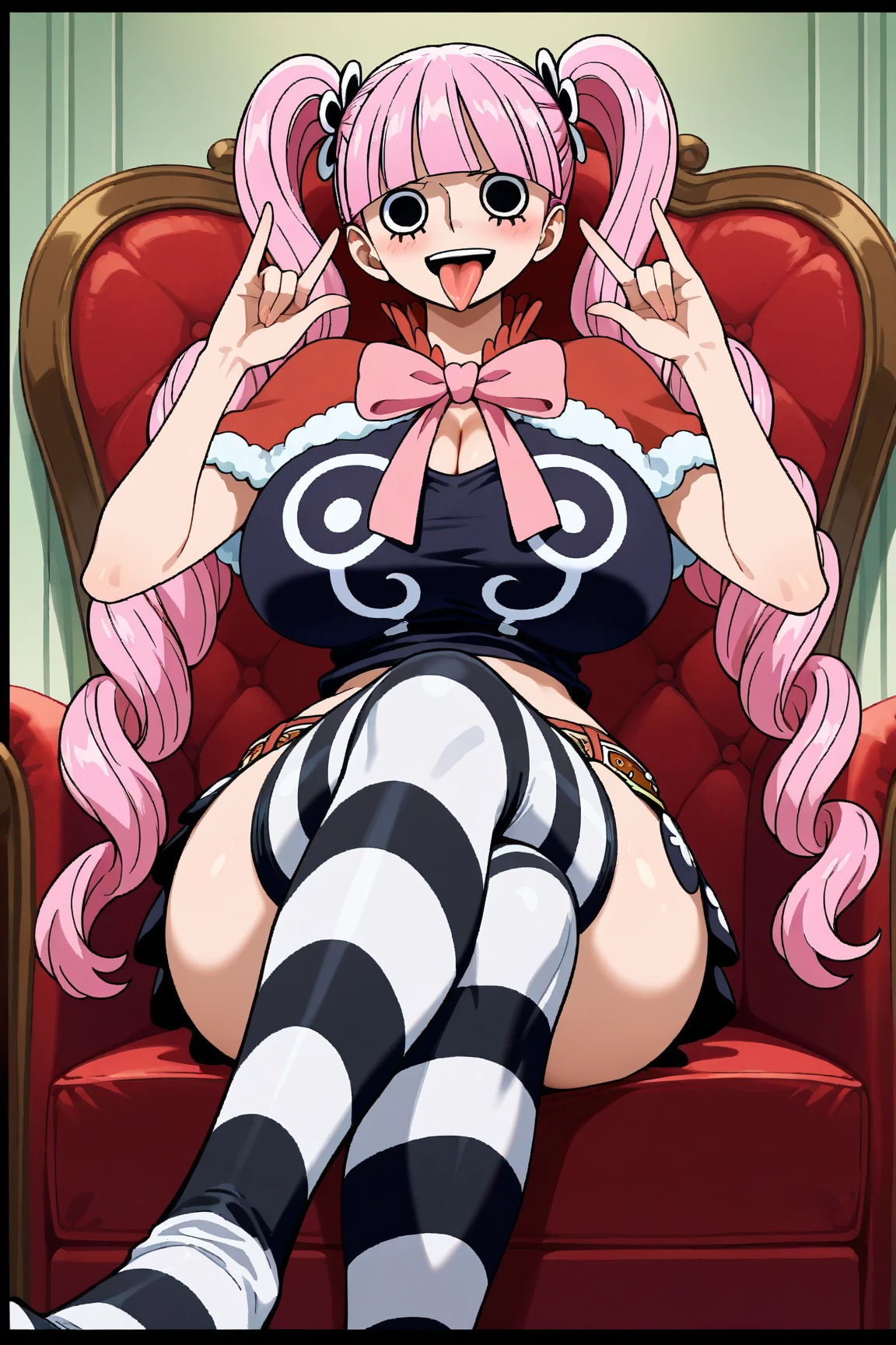 <lora:perona_v1:1.1>, cheems_perona_v3, smile, sitting on throne, from below, red boots, ghost, twin drills, red capelet, striped thighhighs, cleavage, large breasts, crown, volumetric lighting, light particles , looking at viewer, blush, red skirt, smug, smirk, bare breasts, nipples, (disc-shaped eyes, black eyes),