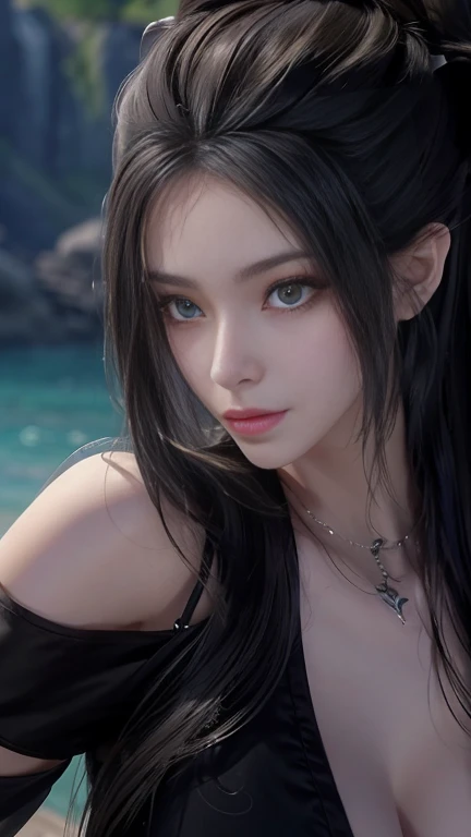 ((masterpiece, highest quality, High resolution, Hmm, Pixel perfect, Depth of written boundary, 4k, RTX, HDR))), 1 Girl, size XXL, chubby, plum body, single, alone, Beautiful Girls, Beautiful art style, ((Long Hair, bangs, Black Hair, ponytail:1.5)), (Brown eyes:1.4, Round eyes, Beautiful eyelashes, Realistic eyes, arms up, clean armpits), (Detailed face, ), (Smooth texture:0.75, Realistic texture:0.65, Realistic:1.1, ), big breast, (Perfect body ,(Transparent Tube Top, show breast, show cleavage), mini skirt, smile, Filmed in a tunnel, (spotlight by the lighting), Submerged in water