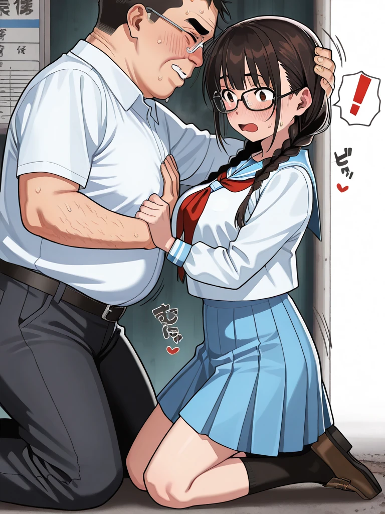 Super detailed illustrations、Super precise expression、masterpiece、highest quality、ultra high resolution、high resolution、(Completely naked、big breasts、Sweat、body fluid)、shiny skin、(black hair、long hair、Braid、glasses)、shirt、skirt、(against glass、sex from behind、breasts on glass、grabbing from behind)