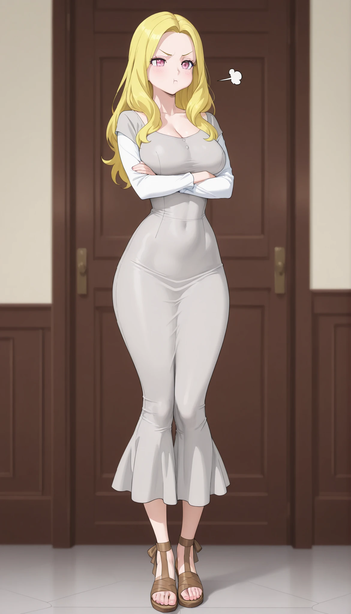 A mature extremely beautiful woman with straight long yellow-blond hair, extremely fair white natural skin, big pink eyes, red plump glossy lips, a small waist, medium-sized breasts, and a perfect slim yet curvy body. She's only wearing a long ankle-length tight grey dress with long tight sleeves and a U-neckline, and brown sandals. She's standing, arms crossed, cute pout, and a big house behind her. Show her full body and super hyper-detailed.