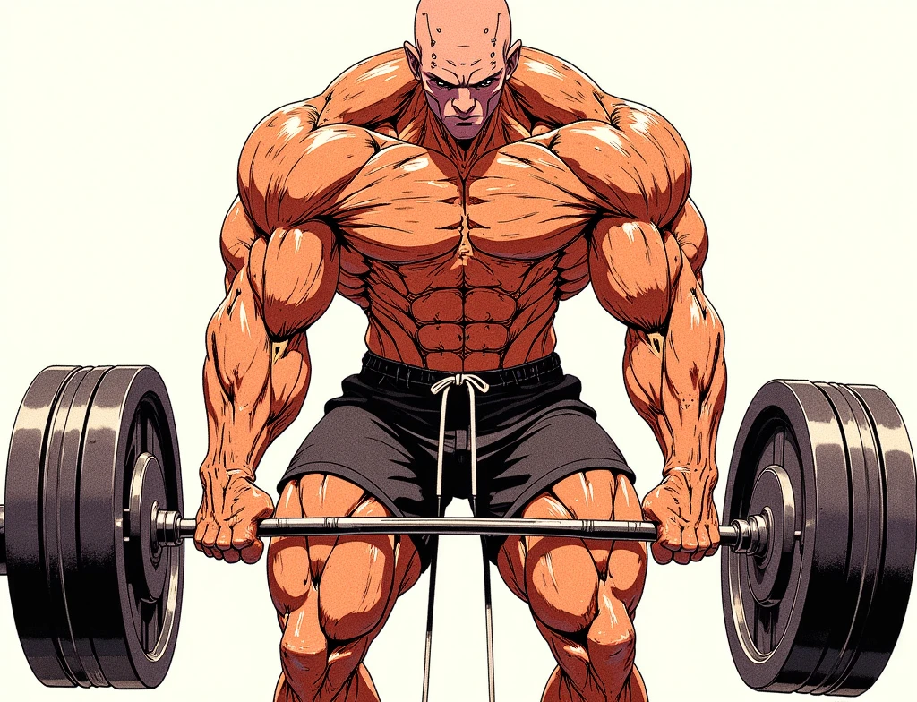 a bald, muscular man doing a deadlift