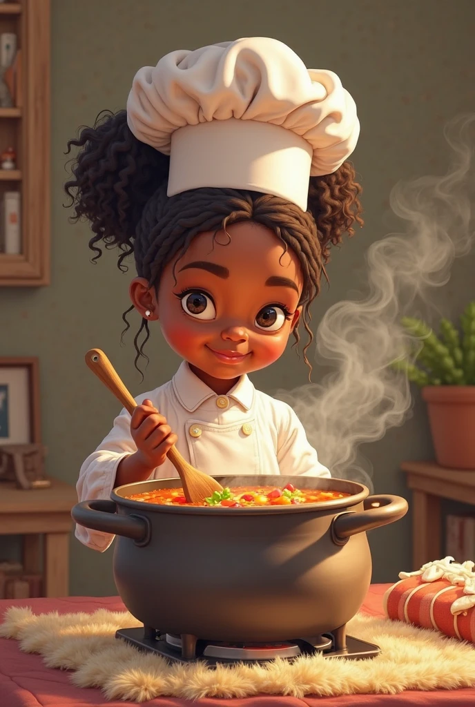 Afro-Brazilian teenager , chubby chef hat, making mashed potatoes , only potatoes in the scene