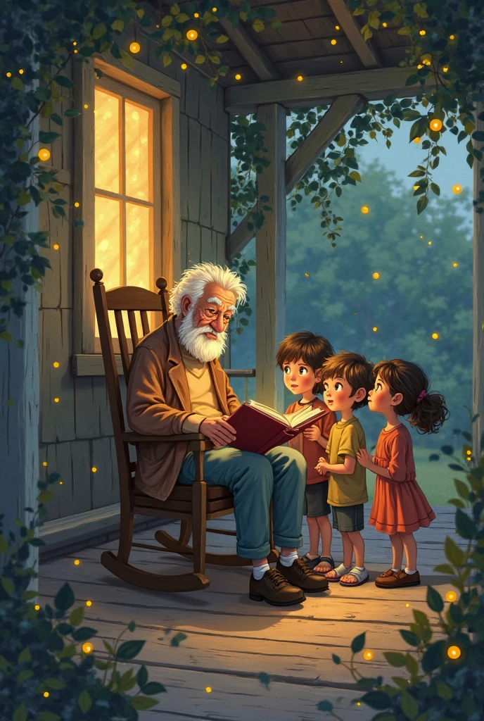 Give me an old man and some children sitting on the porch on a full moon night.