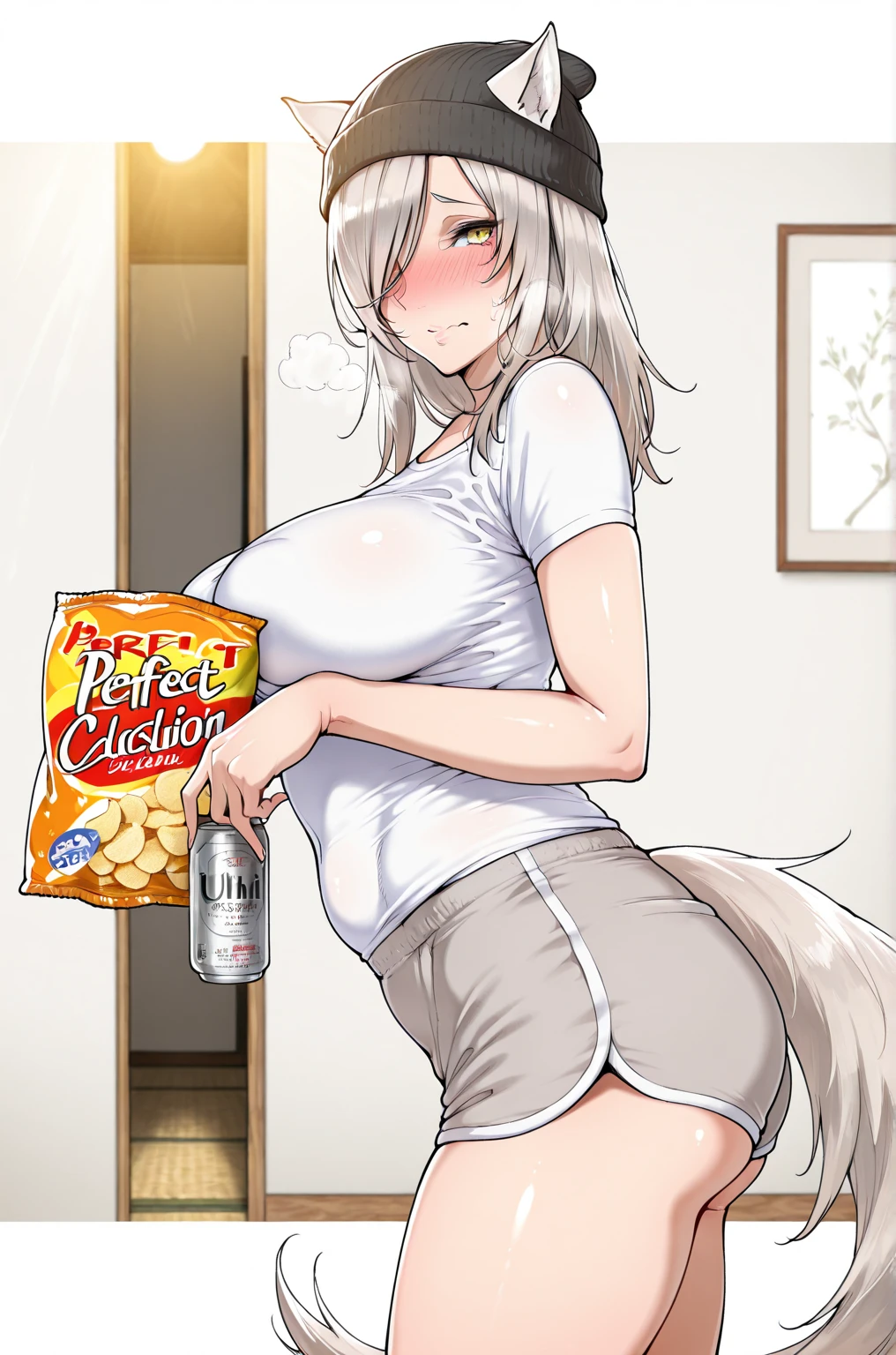 (shouji_nigou-style:1.2), (Norman maggot-style:0.8), ((anatomical correct)), ((Cinematic, unreal engine, eye-catching, ambient occlusion, UHD, masterpiece)), ((perfect lighting, soft shadow)), perfect body, perfect eyes, perfect fingers, gasping, heavy breathing, gasping profusely, ((skindentation)), ((curvy)), fabienne, grey hair, yellow eyes, wolf tail, wolf ears, hair over one eye, large breasts, slit pupils, plump, 1girl, shorts, dolphin_shorts, solo, can, shirt, looking_at_viewer, white_shirt, holding, short_sleeves, blurry_background, food, blurry, short_shorts, grey_shorts, breasts, indoors, holding_can, cowboy_shot, snack, from_side, chips_(food), standing, t-shirt, ((embarrassed)), blushes, blush face, wavy mouth, beanie 