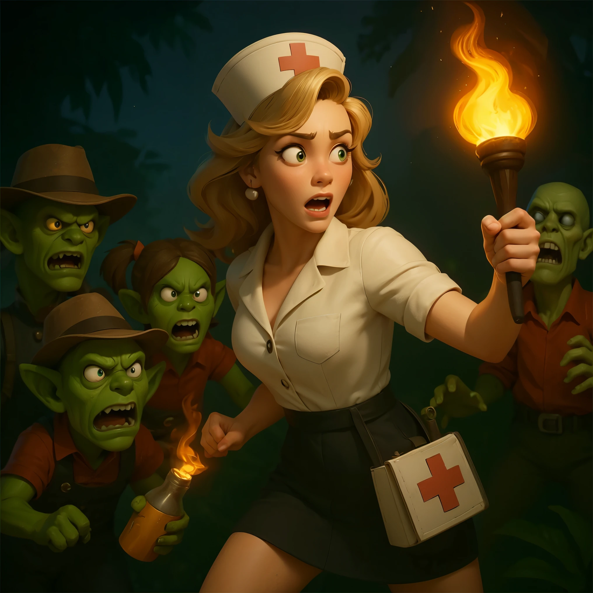 Midjourney Niji Stylized drawing: 1.5,Night: 1.3, a blonde nurse holding a torch: 1.4, with a surprised expression, surrounded by a group of green-skinned zombies,,Appropriately exaggerated body proportions, vivid expressions, three-dimensionality, expressiveness, and atmosphere,stylized exaggeration: 1.3, 3D, high quality, 4k