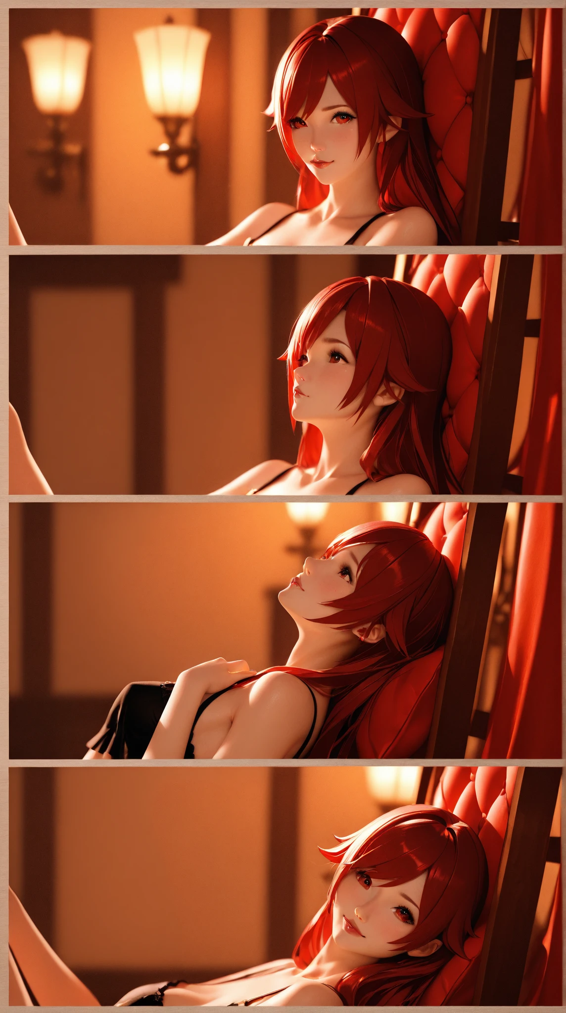 red-haired girl, new, backwards looking back, squeezing chest.