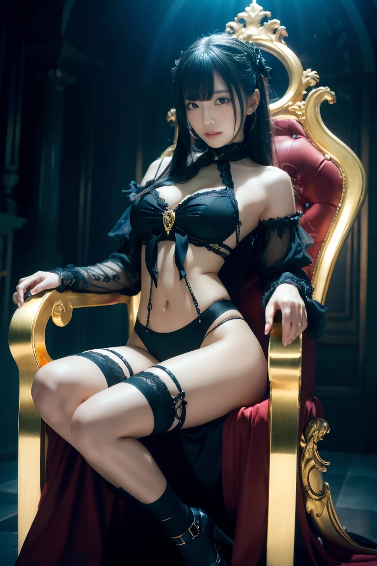 A girl, Slender, Beautiful, Sexy, Twenty-year-old women with fifth breast size, Elastic breasts, elastic hips, elastic ass, queen, mantle, Long Dress, corset, stocklings, gloves, Sitting on a throne, in a throne room
