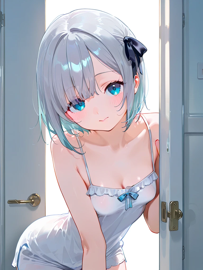 Delicate light blue pupils,Milky white is cute and cute short hair,Super cute blue speckled light cream milk dress,There are gauze clothes, It is a simple cute little loli