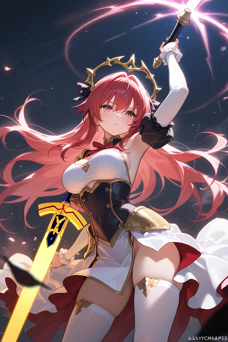anime style, no mistakes, perfect hands, SFW, 1woman, knight, wearing golden white armor, no helmet, very long orange hair, scarlet pink eyes, white skin, big breasts, wide ass, thick thighs, perfect curves, pretty , silly face, carrying a golden longsword with red jewels