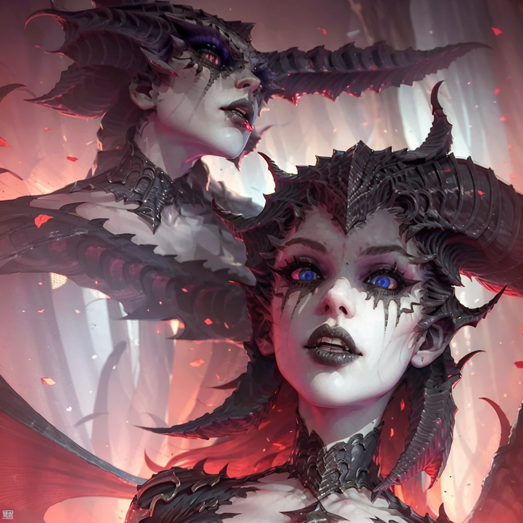 Demon with a human face, horns, and red forked tongue. White skin, red eyes and earrings.. with long, black claws.