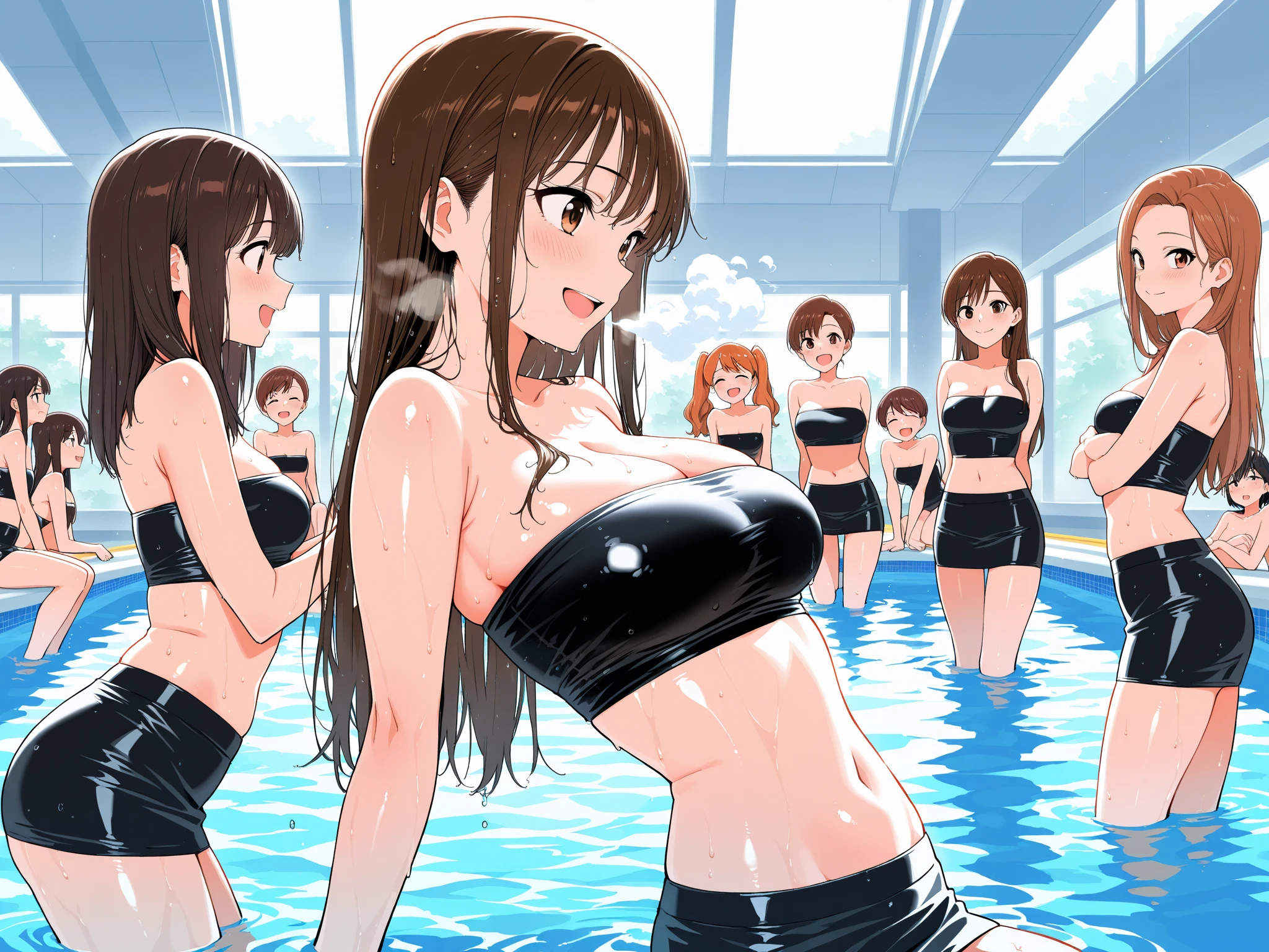 (masterpiece), best quality, (16k), expressive eyes, perfect face, office lady, 3 girls, huge breast, navel, BREAK, ((topless)), (((wet cobalt blue solid pencil mini skirt))), bare arms, bare legs, shiny skin, wet body, BREAK,  brown hair, lower ponytail, wet hair, brown eyes, standing, sad, :D, BREAK, indoors, in the pool, wading, BREAK, (upper body), from behind,
