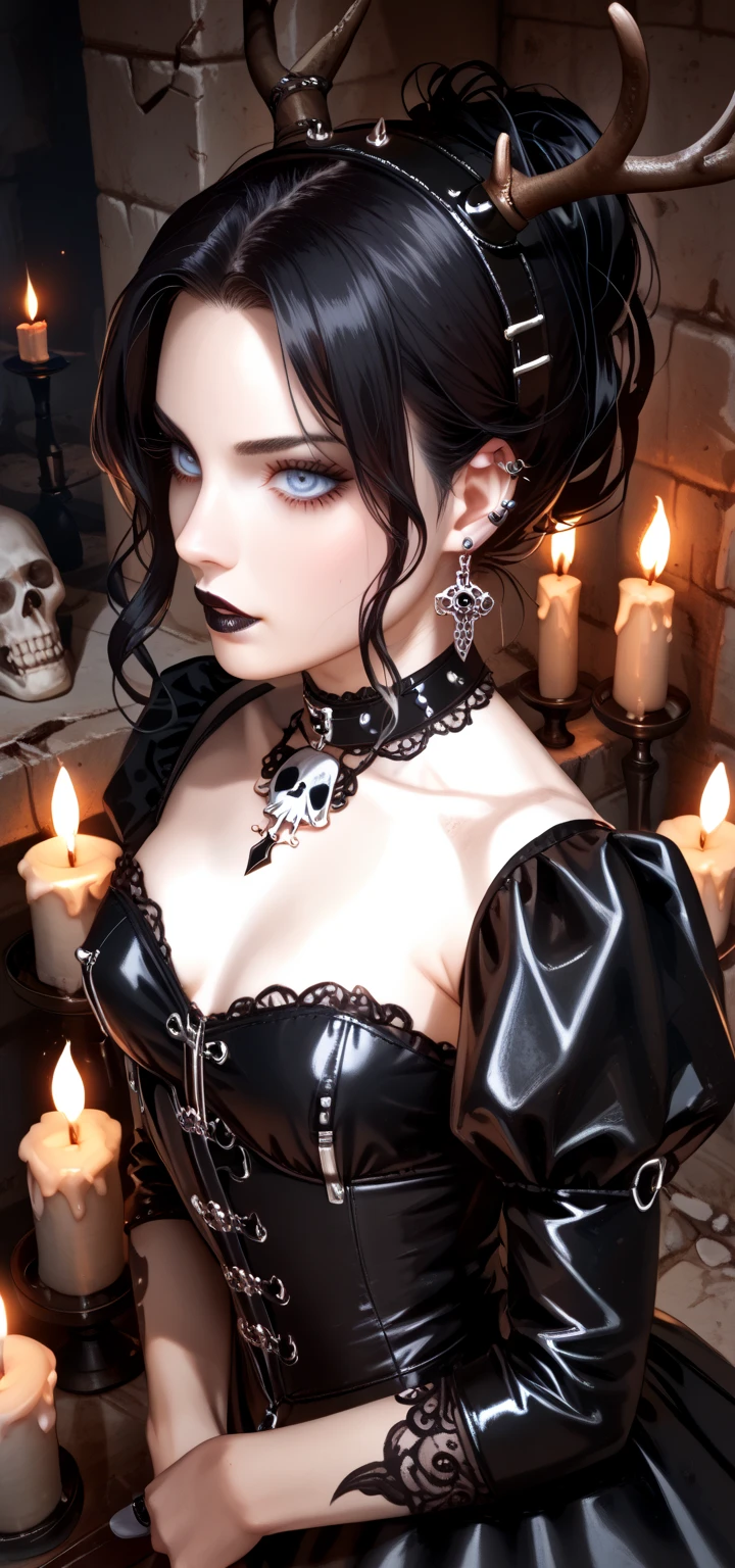 gothic girl, white eyes, black lips, long black hair, Black dress with lace, sin collar, corset with small skull buttons, Wicca sexy. Gothic style, Beautiful necromancer. frontal, Beautiful necromancer. Dark gloomy ritualistic background, without skulls.
