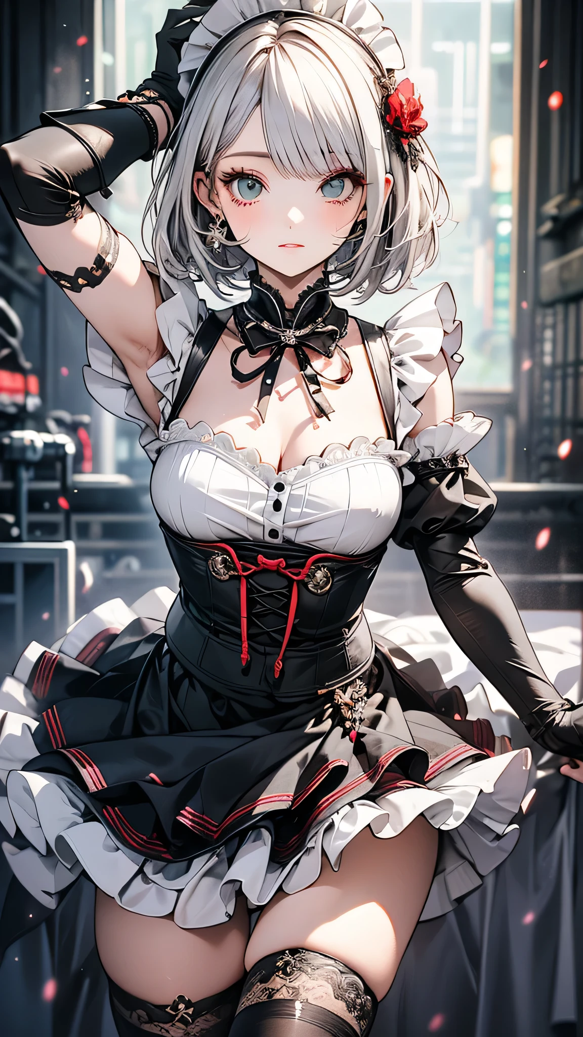 girl, gray haired, short haired, yellow eyes, small breasts, cat hair ornament, side lock, gray haired, shiny hair, uniform, (golden eyes: 1.2), (Two long triangular extensions on the skirt, belly vest corset), white buttons on vest corset, (I took off my short-sleeved shirt under my vest corset.), (Sleeves end close to the arm), (A thick black ribbon around the neck), ( magenta short skirt), naked，wipe panties，expose one&#39;s chest，sexy and excited，beautiful breasts,white skin,pointed chest,erect nipples,porn images，a lot of sweat，Wet，pussy juice，Clothes are transparent，lingerie