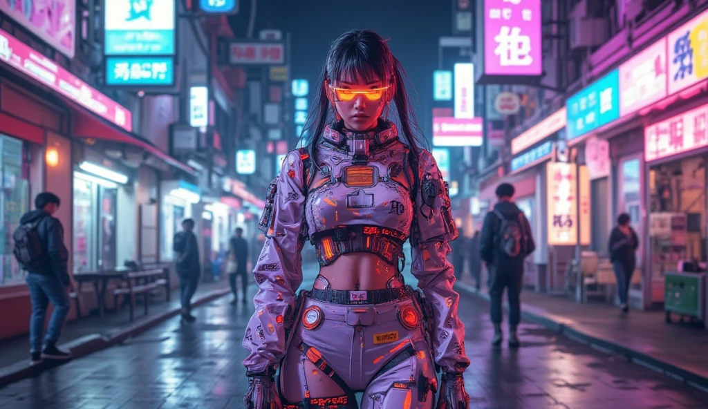 photo, high quality, (close-up shot of 1girl), to8contrast style,mechanical arms, cyborg, slime colored skin, liquid slime skin, arms up, face mask, slime girl, red eyes,(((alone in the darkness, night tokyo background, unlit, hard shadows, deep