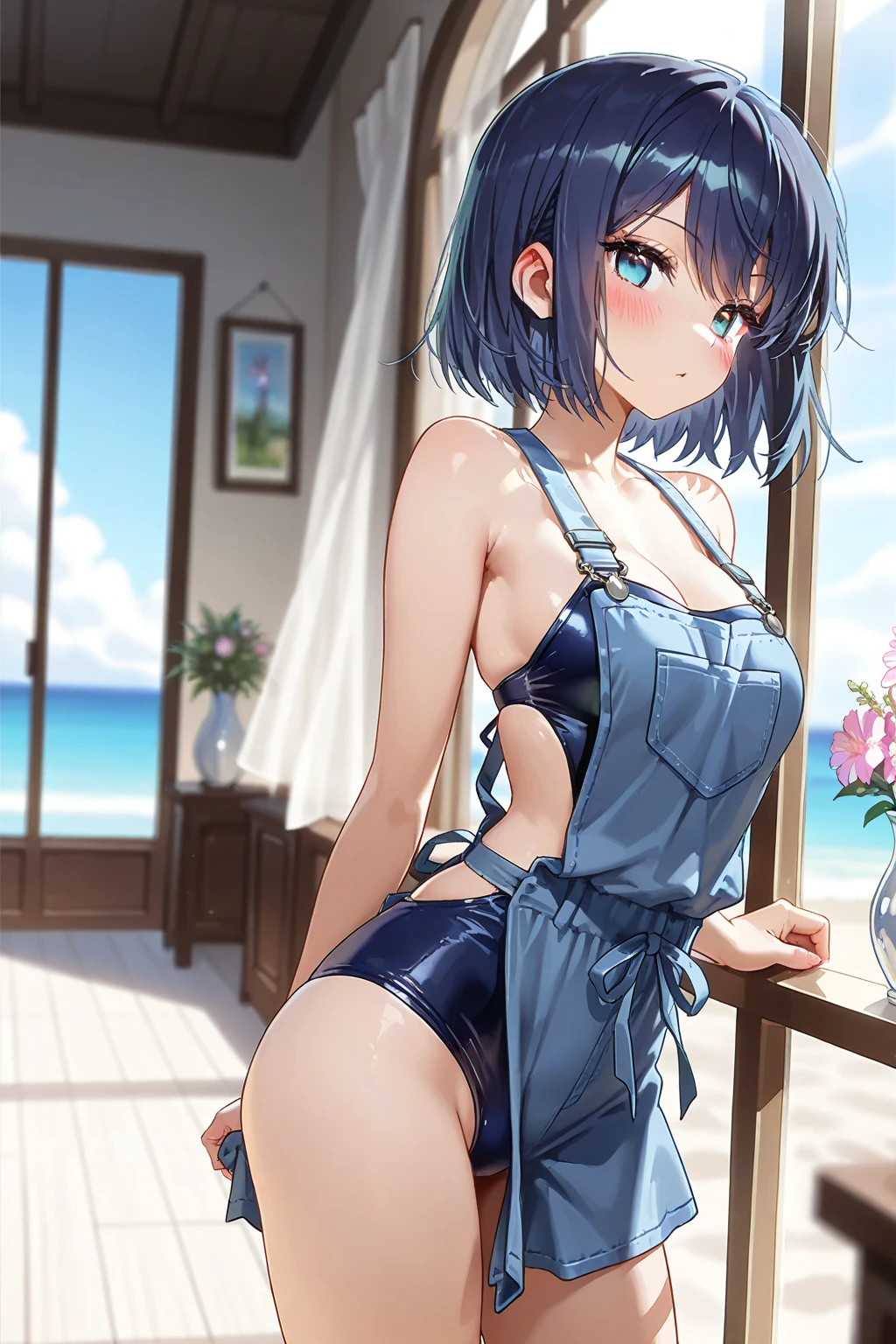 (best quality, masterpiece),waitress is busy working at the restaurant,A restaurant right by the sea,Waitress in summer clothes, BREAK (girl,16yo,detailed face,(darkblue hair,wavy-short hair),middle thick eyebrows,,middle small breasts),