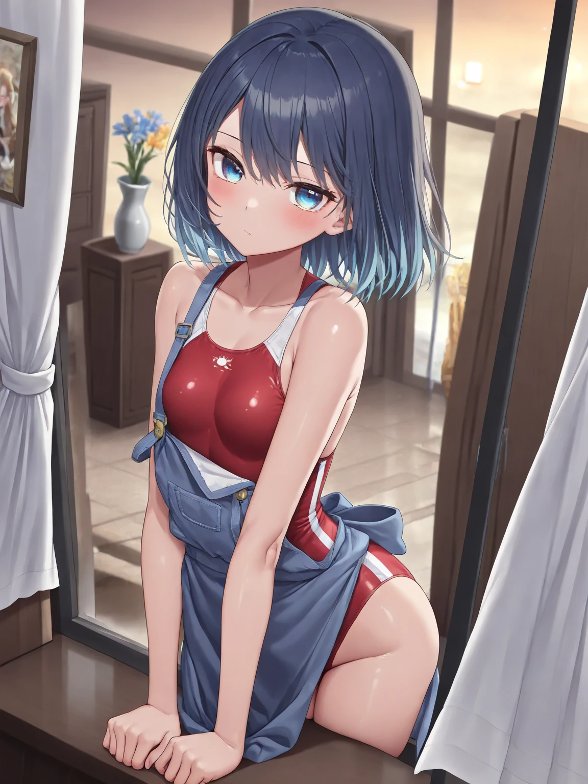 masterpiece, best quality, highres, ram1, 1girl, solo, rem \(re:zero\), blue hair, short hair, red eyes, hair over one eye, ribbon trim, hair ribbon, x hair ornament, frills, crop top white, denim shorts,medium breasts, cleavage, , hair flower, outdoor s, standing, smile, perfect background, perfect light