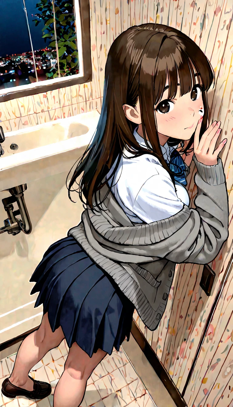 nsfw,,fellatio,man standing,sucking a penis, kneeling pose,(tareme),,solo,brown straight hair,bukkake,white dress shirt,cream school cardigan,pleated checked skirt,sideshot,at public restroom,look up,kneeling on floor,(blushed),adult curvy body