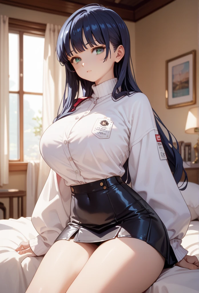 anime (mato seihei no slave), female young , sexy (very big tits), actress (Kaiko Itsuki), hairband , long hair down behind her shoulders, A is wearing a black military nurse's uniform. , She is treating people in the hospital.