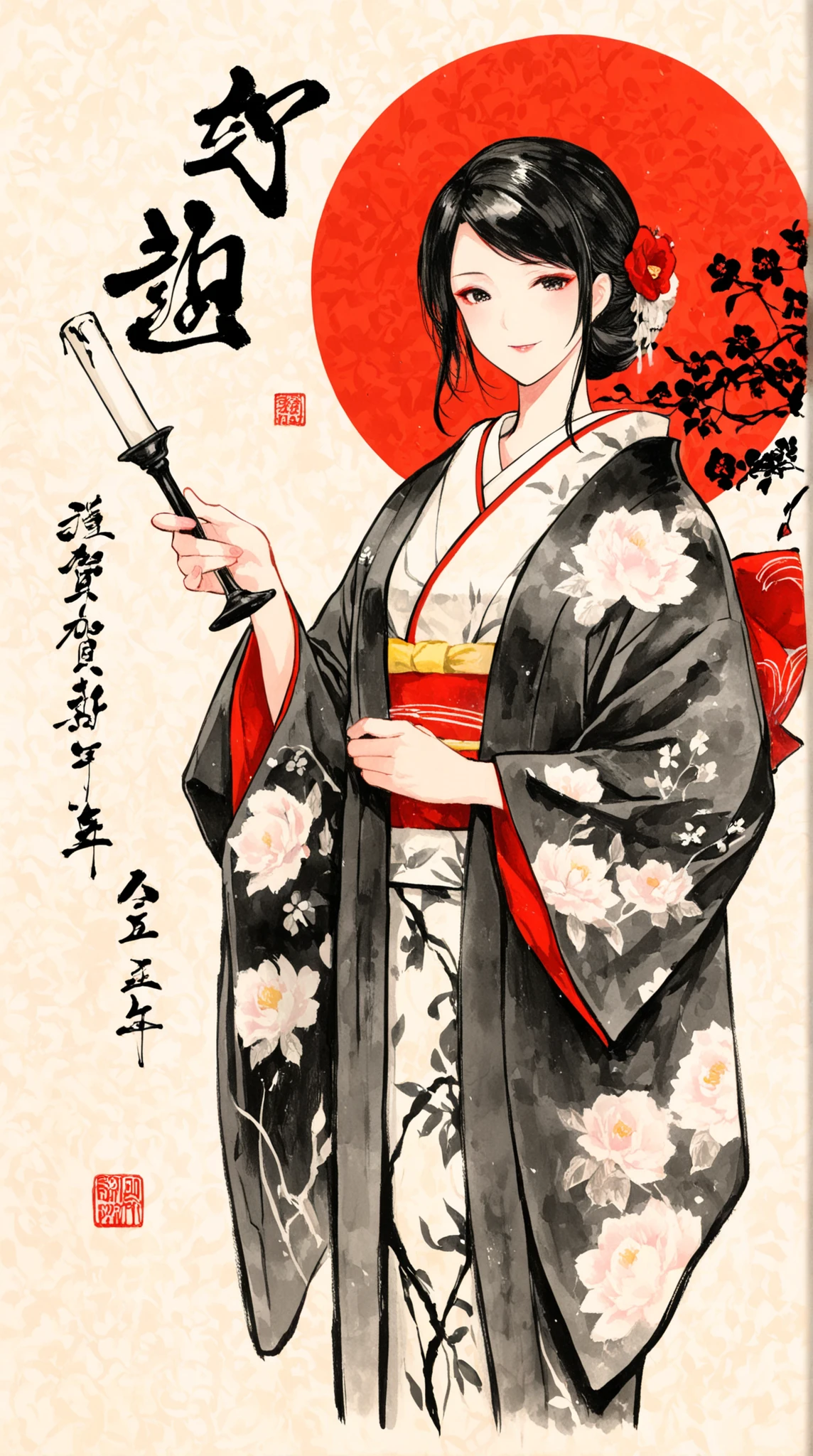 Japanese ink painting,  beautiful woman in kimono ,    College Crafted, College Candlestick, and Candlestick,   Harvest Moon , 