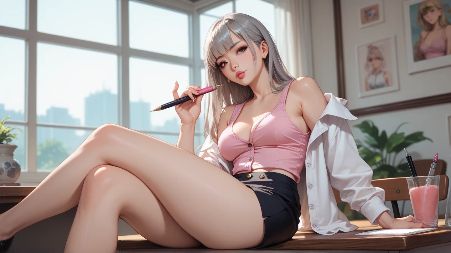 1womanl, fully body, inside a hospital, hot nurse, silver hair, white apron with pink details, open apron, witheout panties, without bra, mostrando os peitos, showing pussy, FEW PUBIAL HAIR, pink pubic hair, pinkish white skin, cute lips, perfect mouth, pink eyes, wearing red sandals, perfect little feet, pink painted nails, holding clipboard in one hand ( manicured nails and roses ), holding a syringe in the other hand, orgasm feature, oozing clear liquid from her pussy.