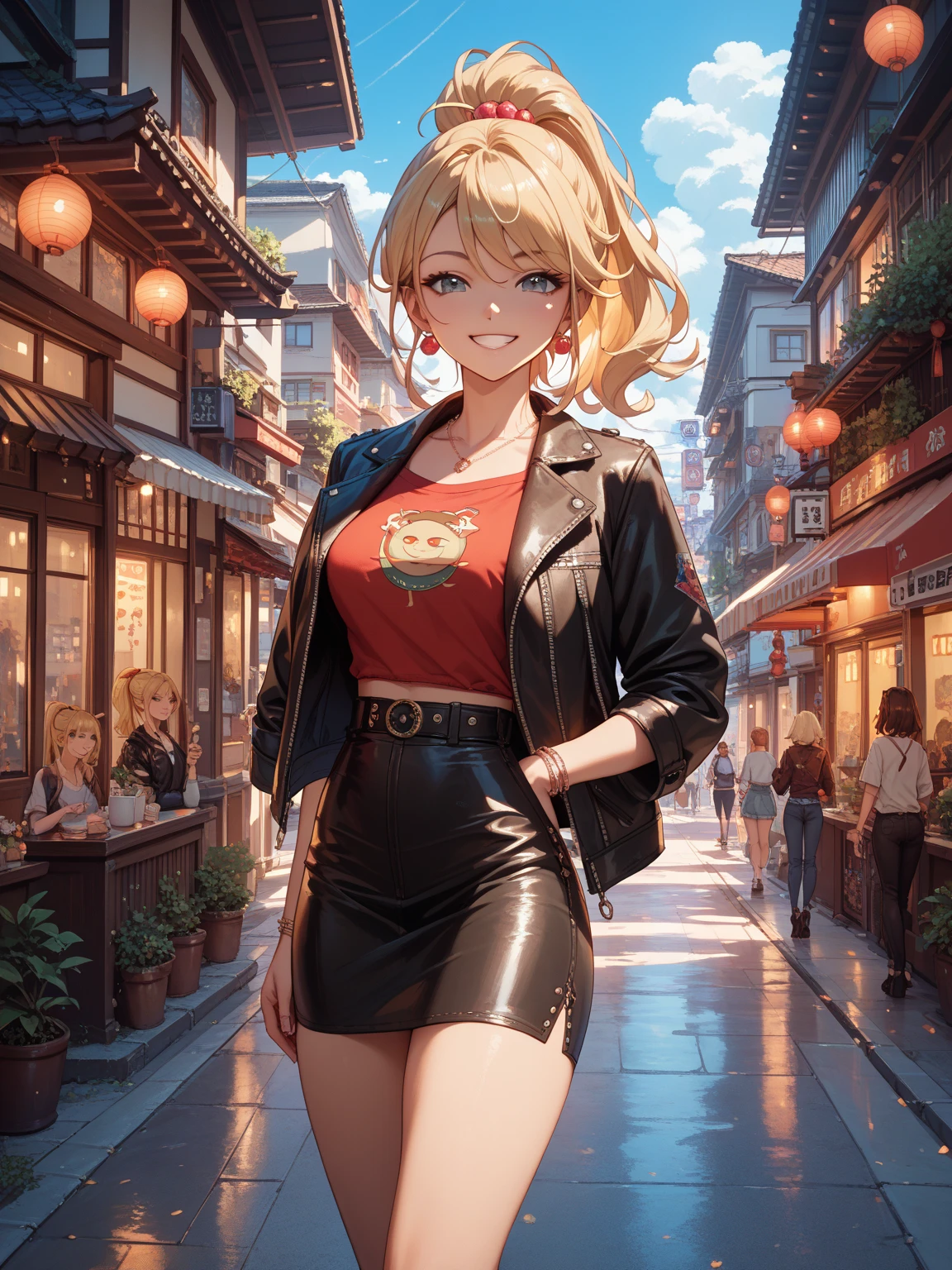 masterpiece、 highest quality、 high detail、 anime style、 small breasts、 slim figure、 sexy、 cute、 front、 whole body、 Standing picture、 blonde、 loose perm、 bob、 red eyes、 sparkling eyes、 red cheongsam、 black pantyhose、 red pumps、 bewitching smile、 background(oriental、cityscape)、