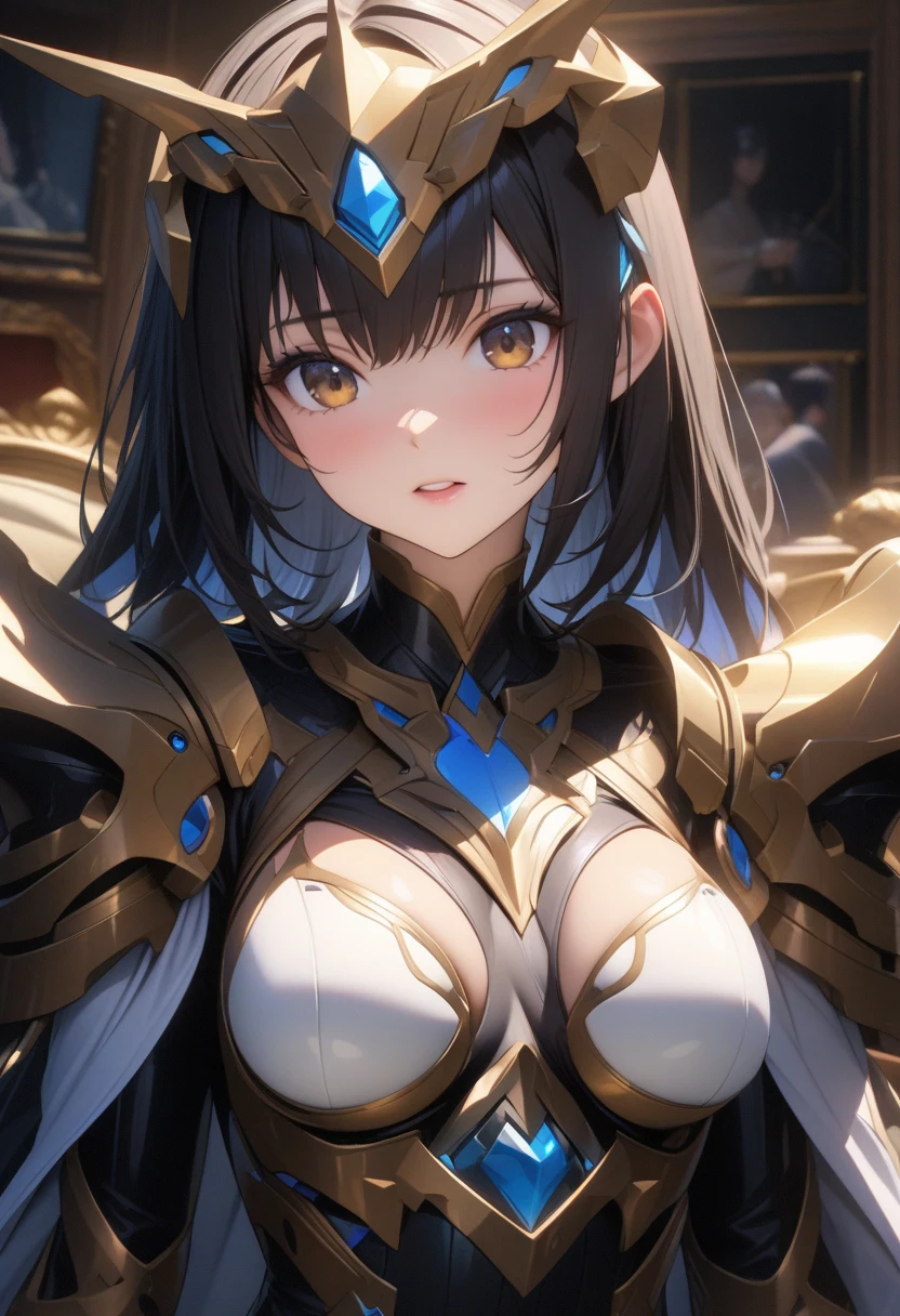 Exoskeleton mech,afofuturism,Gold and black theme style,Love Coco style,offcial art,Unity 8k wallpaper,Hyper-detailing,Master masterpieces,,Best quality at best,A woman who is,(The is very detailed),(RAW photos,best qualtiy),(Realistis,realisticlying:1.3),High- sharpness,Open Your Mouth Lightly,Ultra detailed complex 3D rendering of the face,,(highly detailedskin:1.2),mechanical structure(Exposing private parts,:1.1),Beautiful Caucasian Woman,Soft breasts and fair skin(toppless) ,boobgasm,Black color hair,eBlue eyes,long whitr hair,((Clear silk rope miniature bikini)),dynamic angle,Mysterious expressions,fire glow effect,Fantasy background,edge lit,Side brightness,cinematric light,hyper HD,8K,filmgrain,Best shadow,light particules,detailed skin textures,Detailed jewel armor texture,detailed face with,with intricate detail,ultra - detailed,brightly,sturdy,battle armor,cleavage,Slender abs, There are glowing mech weapons,Mech shield,pole,(Beautiful huge mech crown with details)),shinning eyes,long cape,fanciful,,,,,(Realistis),