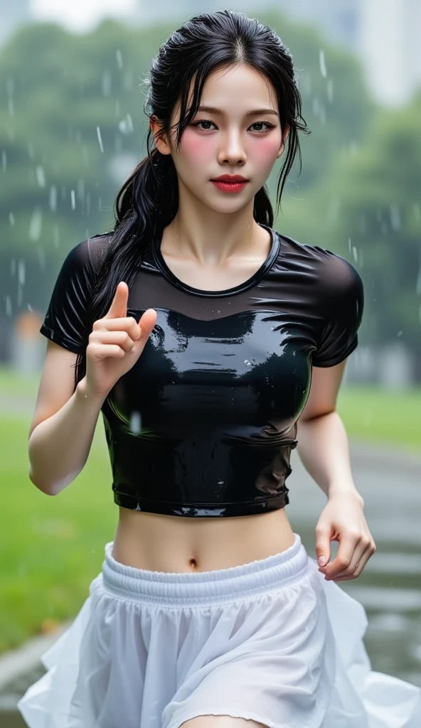 Teenage girl, brunette bun, blue eyes, gorgeous face, black t-shirt, black jeans, wet skin, skinny blot, pretty belly, diaphragm, navel piercing, rain and evergreen background, gloomy posture, bleak, 30k, exquisite clothing details, high profile.