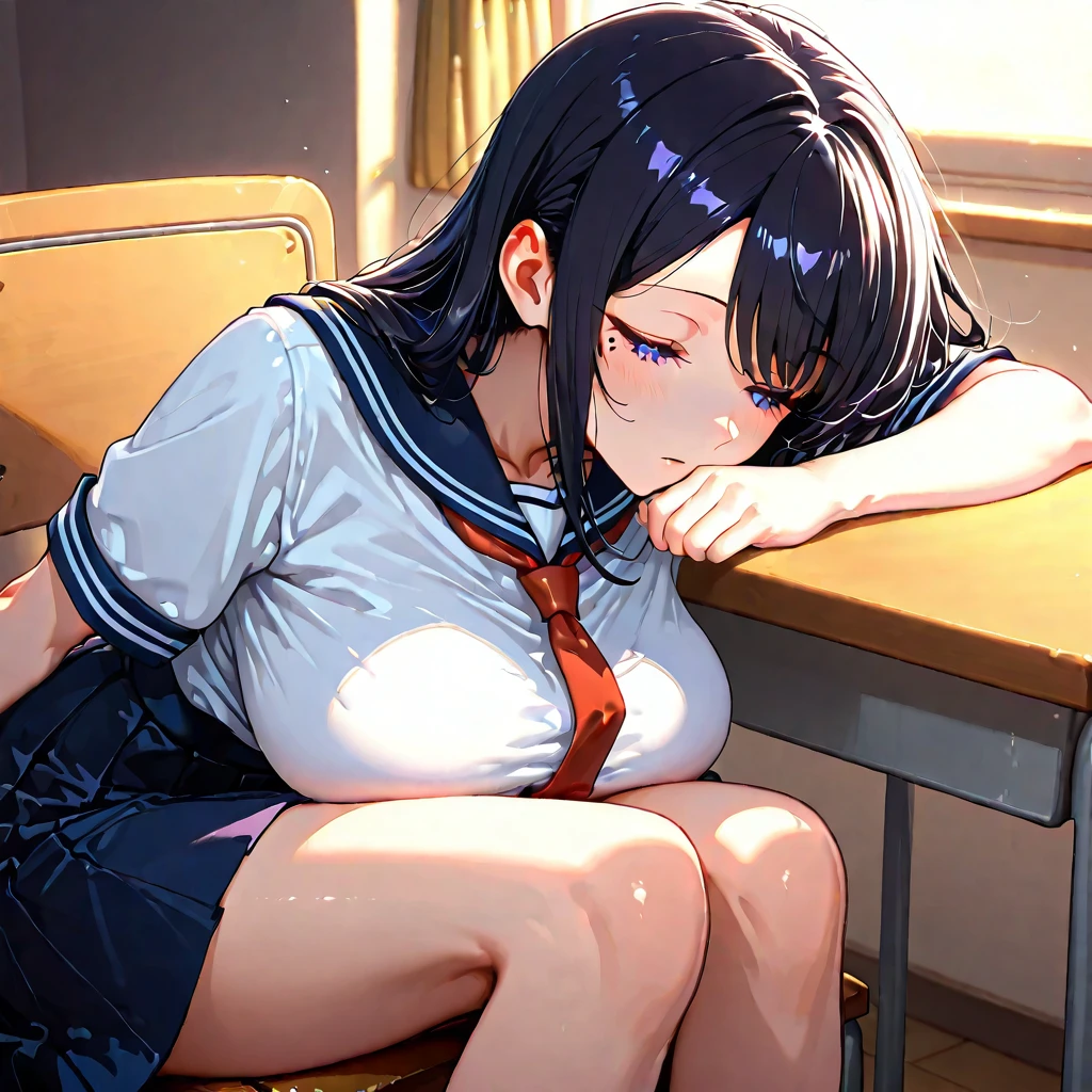 masterpiece,Highest quality,Highly detailed face,(((1 slim sexy girl))), ((1boy and 1girl are having sex on bed)),((Cum there)),(((missionary position, man on top:1.3))),(Black hair ponytail), (((Huge breasts))), Erect nipples、(((Schoolgirl uniform:1.4))),((Girl lying down in classroom:1.5))、((Painful face))、Heart symbol、excited、White Breath、(((Intense Sex)))、(Sweat:1.2)、Nervous、Heart symbol