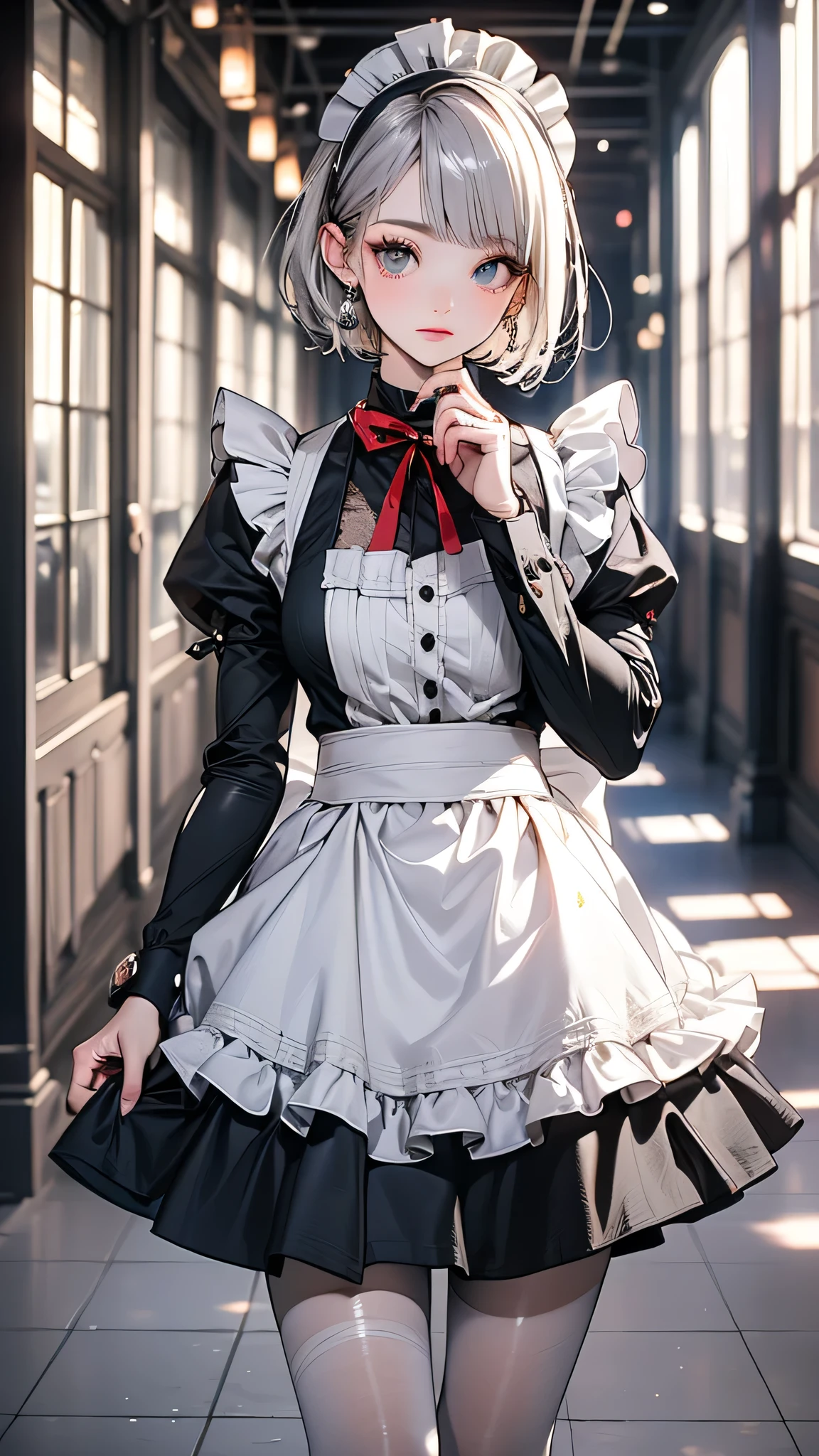 masterpiece, best quality, highres, 1girl white hair blue eyes x hair ornament, red bowtie black shirt grey jacket grey dress black skirt black belt frills black pantyhose <lora:siesta:1> photorealistic