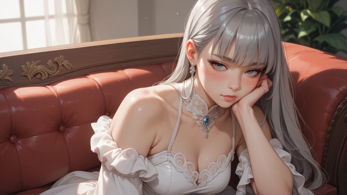 High resolution, Highest Quality, ultra-quality, Super Detail, A hyper-realistic, Photorealistic, animification, Portrait, Anime, Manga, Illustration, Northern Renaissance style, Fantasy, super cute woman, Flowing layered messy silver short bob, Glowing big pink eyes, Mysterious, Enchanting, Seductive moist lips, Huge breasts, great proportion, perfectly proportions, slender, Full body, sitting in the chair、Place your chin on your chin, Camisole dress