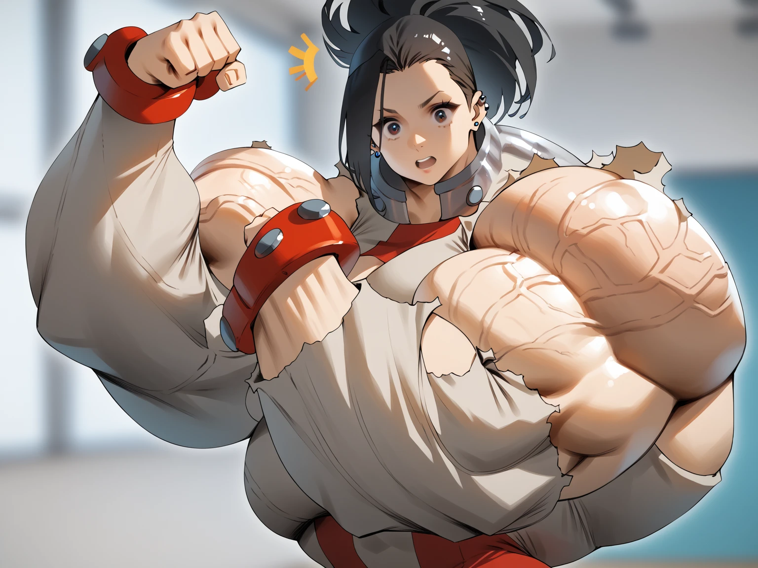 Mizuki beim Karate Training, she wears a karate gi, Barefoot, muscular physique, Mizuki macht Bodybuilding, Huge muscular biceps, breite, muscular shoulders, Bauchmuskeln, Abs, Her big muscles destroy her karate gi, Full body image, Meisterwerk, Highest details, high resolution
