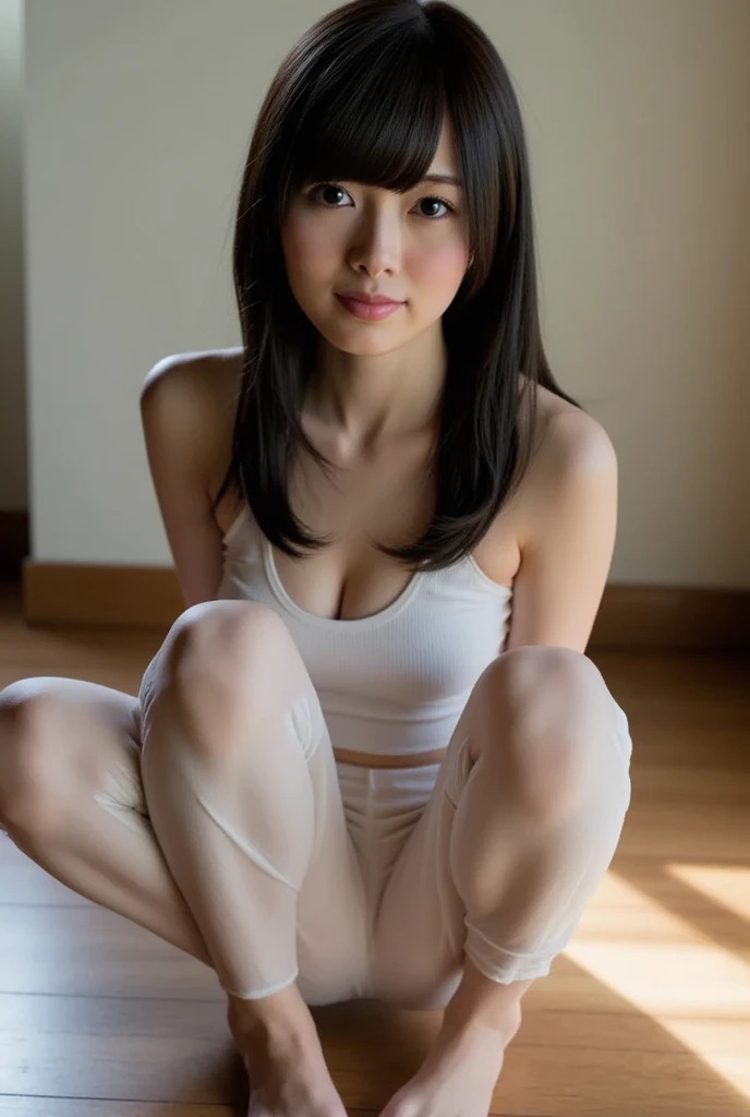 Reality，photo shoot、1 person Takako Zenba、15 years old、smile、
cute、Hairstyle up、
squat、White leotard、
pubic hair、Identity、Pussy、