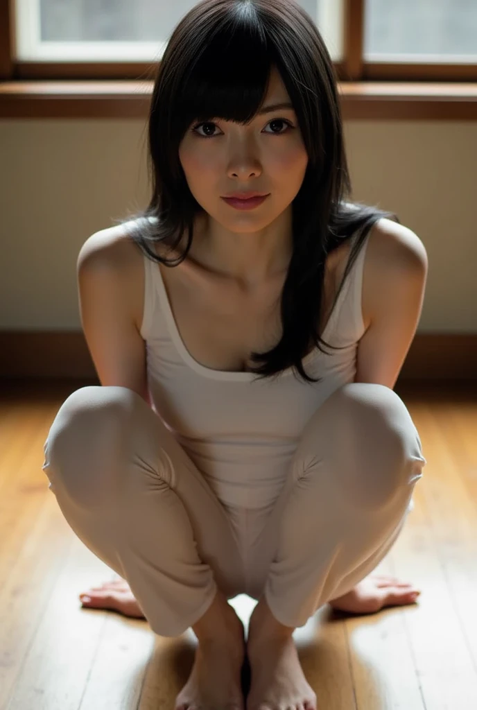 ((最high quality、8K、masterpiece、Portrait:1.3)), (ambient light:1.5), (Bounce Lighting:1.8) ,H Photorealistic, Sharp focus, high quality, HDTV, solo, Japanese, woman, Beauty like an actress, live alone、Midsummer、High temperature、High humidity、(Lower school year:1.5)、(Poor life:1.2)、I can see her cleavage, , lean and toned body:1.5, Small breasts:1.5, (Sloppy body:1.2)、Wavy Hair, Wrinkles around the eyes, I don't have money to buy clothes、Being naked、Naked people、((Showing pussy:1.5)), (Cluttered Background, Messy room: 1.5)、woman用衣類が乱雑に散らかっている、(Old house in Japan:1.2), Evening Light、((((She wants to take off all her clothes、It's so hot I don't want to wear anything、Naked people))))、(Lying on your back with your legs spread while look in front of you eyes), ((She wants to show me her pussy:1.5、I want you to see、It's her own will))、Cleavage、Spread your legs:1.5、Vaginal opening、clitoris、anus、Lower school year、poor、Vile、Long Shot , (Outdoor), Light background, Sunset light