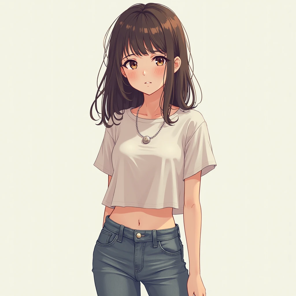 A Iraq girl,young girl,12 years old, wearing a t-shirt with a belly button,short pants,long hair, brown hair
