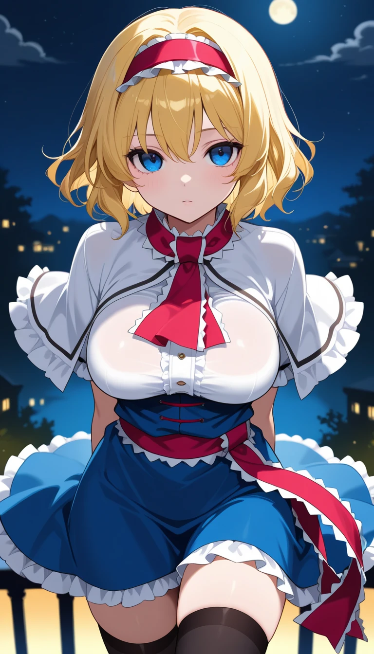 (solo:1.3), (Alice Margatroid dance up a storm alone:1.3), dancing violently, fluttering a lot of petals, midnight, BREAK, (violently bouncing unaligned breasts:1.3), (unaligned large breasts:1.2), (hardly swaying back:1.1), BREAK, inconceivably narrow waist, slim hip, skinny long legs, BREAK, screaming, tears, (nipples gushing excessive breast milk), (spreading vagina squirts out excessive pussy juice:1.2), (open mouth very wide), nsfw, BREAK, blue skirt, white capelet