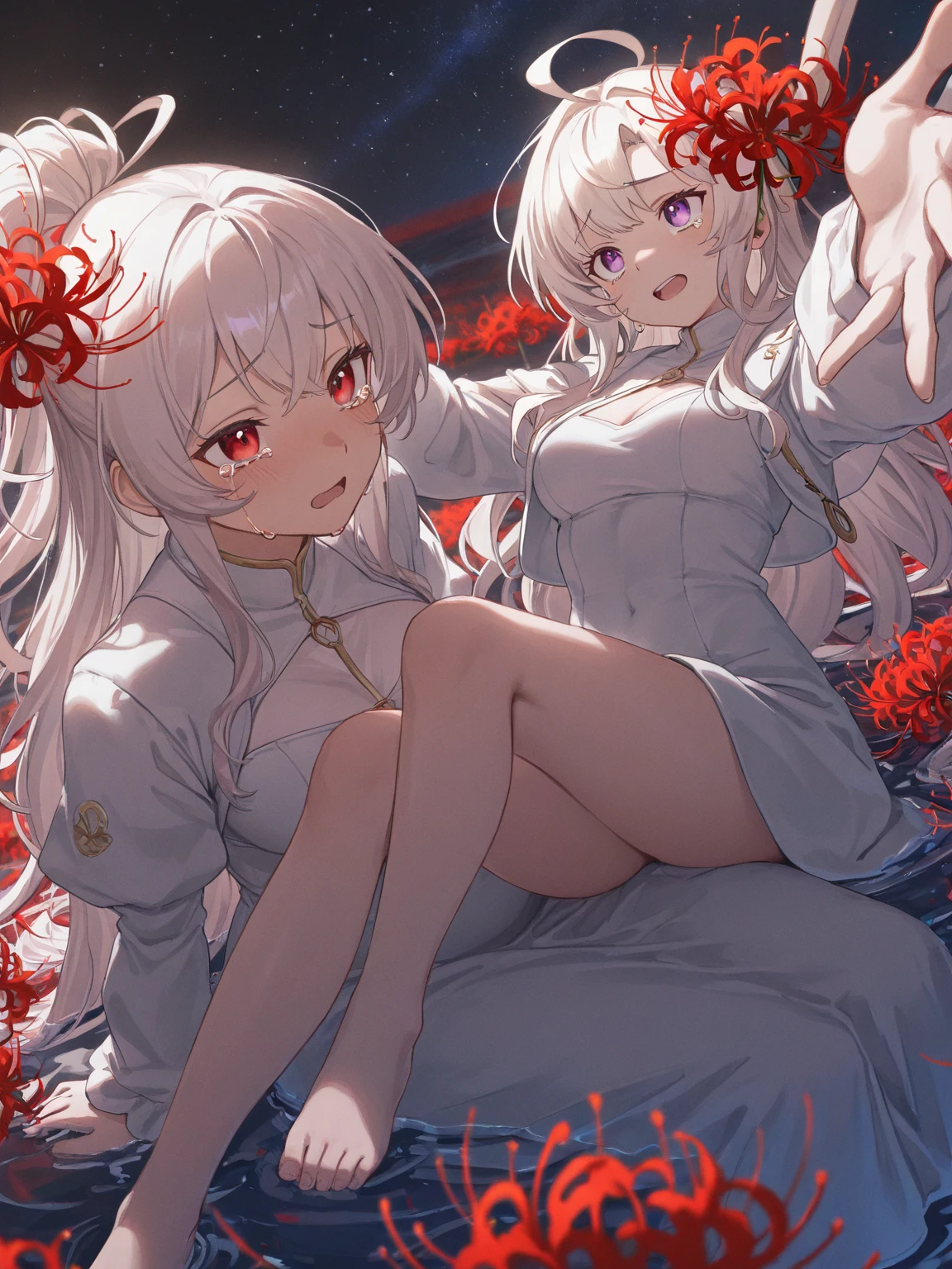 animemanga girl,Sitting on the red carpet,Red background,WLOP and Sakimichan's style,Space Queen,2 beautiful girls,Platinum robes,((a beautiful fantasy empress)), Genshin royal pose,8K high-quality art,Golden-white robe,Lesbian kiss。