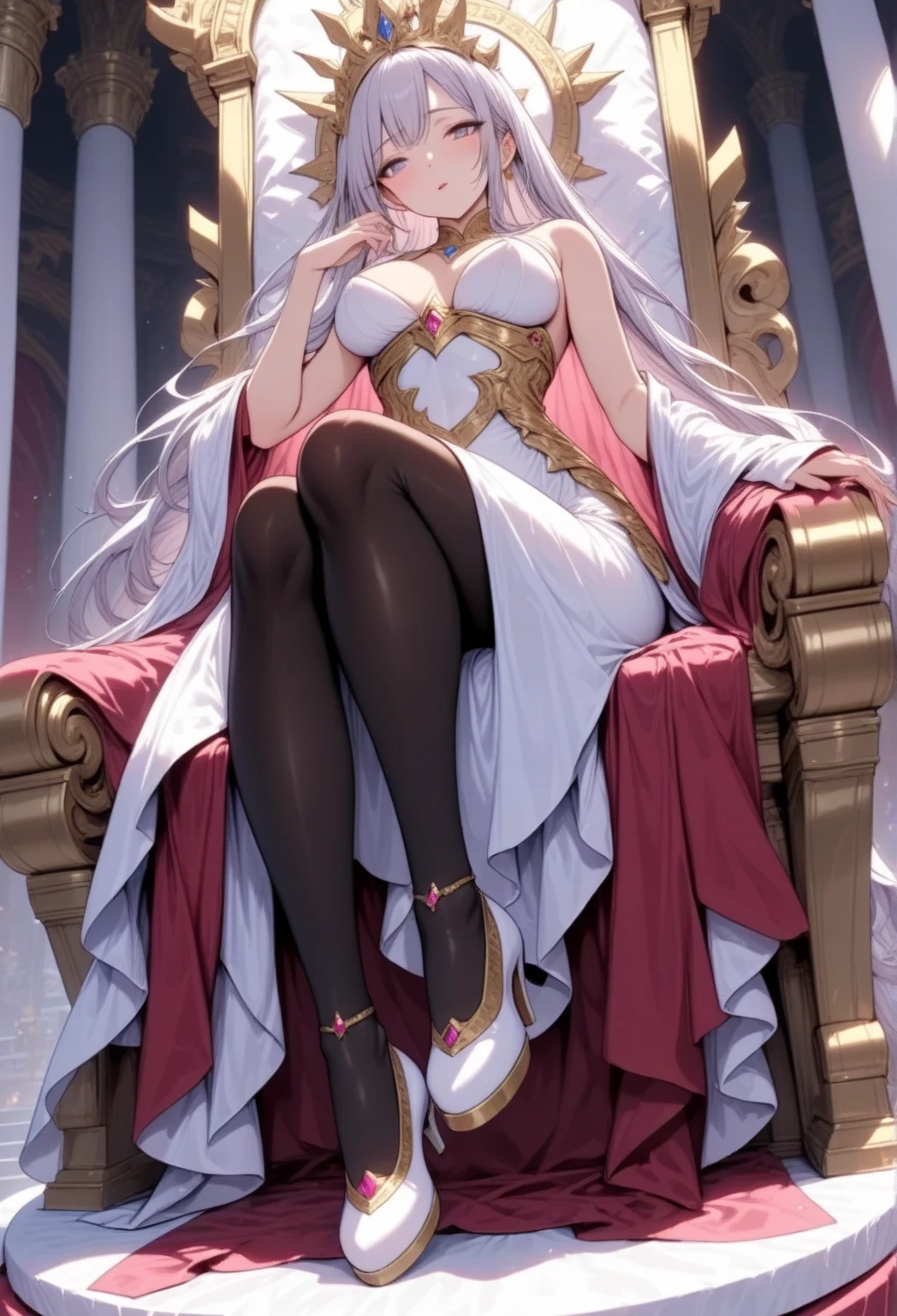 1girl 20 years,solo,serious face,((white short dress)),medium tits,white hair,short hair,red eyes,elves ears,golden horns,white pantyhose,gold high heels,((gold tiara)),down-up view,crossed legs,Detailed,(long cape),(((sitting on the great throne of a room inside a castle))),